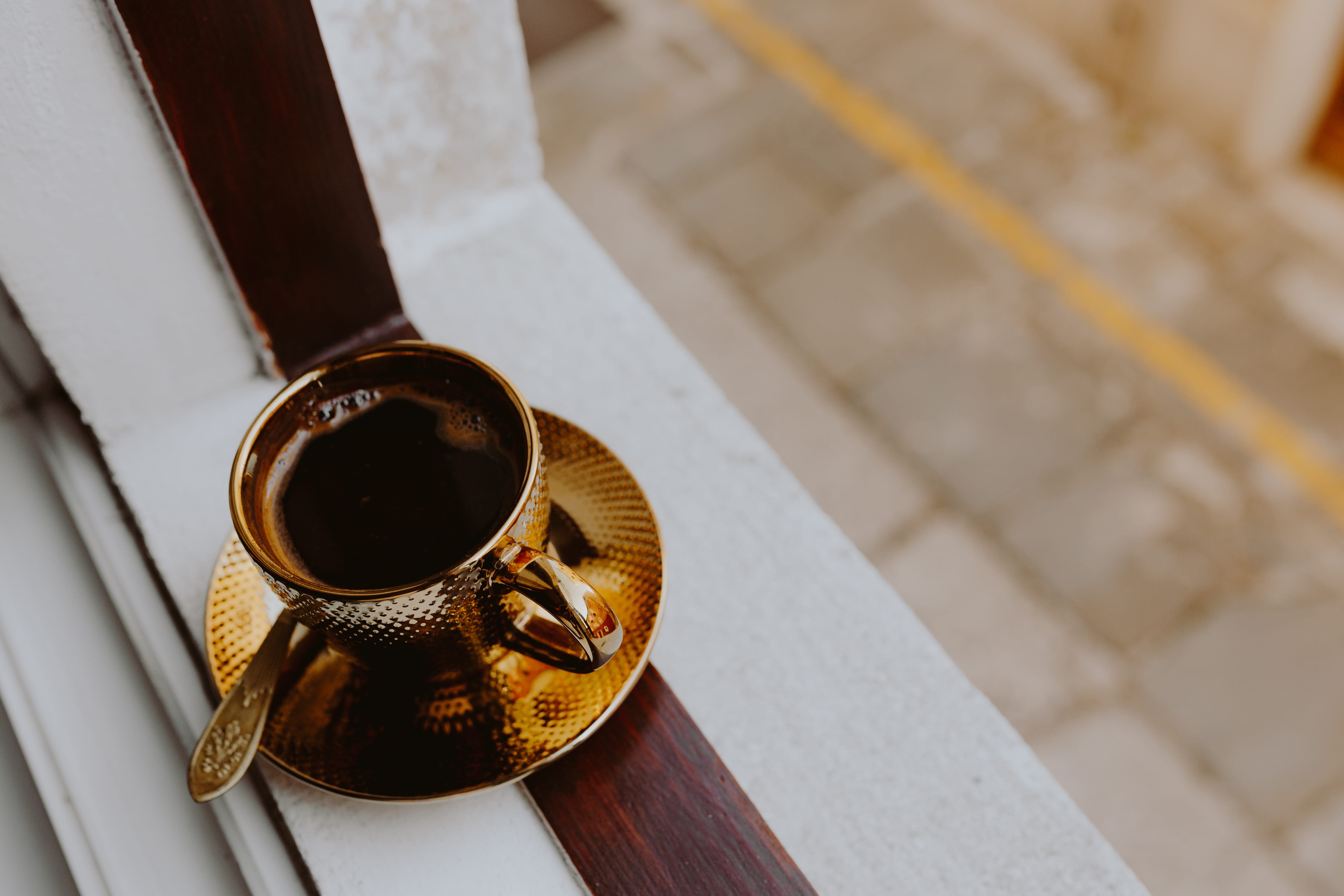 absence, gold, isola, architecture, golden, high angle view, morning, selective focus, day, slovenia, table, brown, cup, focus on foreground, wood - material, HD Wallpaper