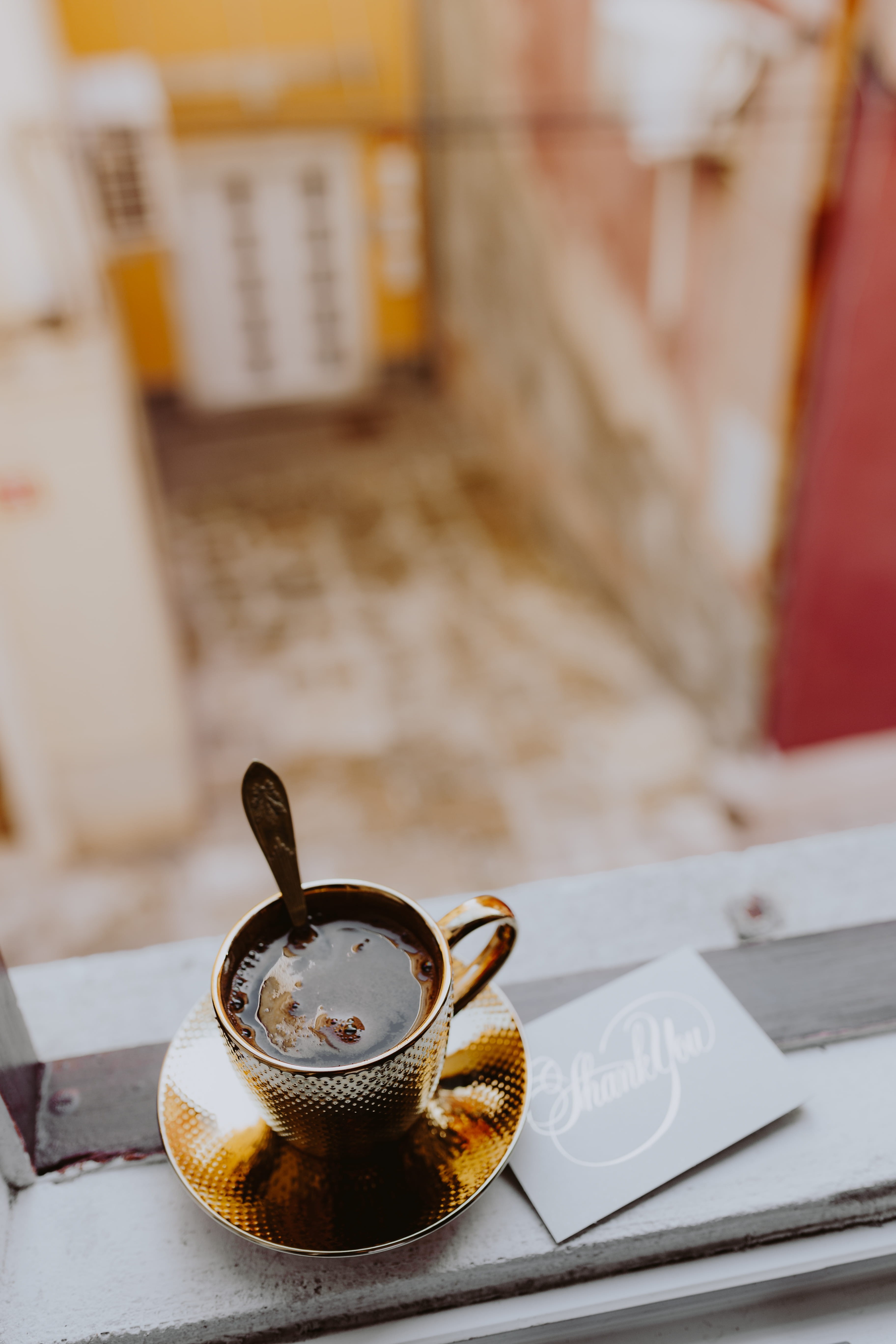 indoors, cup, coffee, isola, food and drink, table, focus on foreground, morning, window, gold cup, cafe, tea, golden, drink, mug, black coffee, slovenia, Phone HD Wallpaper