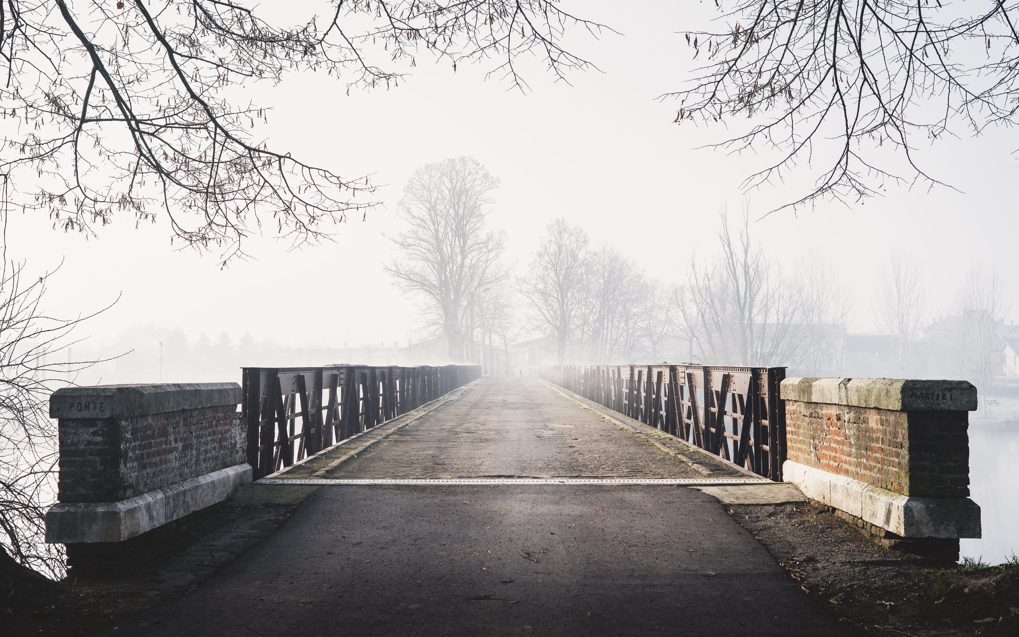 no people, clear sky, outdoors, sky, branch, river, bare tree, frost, winter, road, day, built structure, fog, tree, treelined, direction, travel, 4K, HD Wallpaper