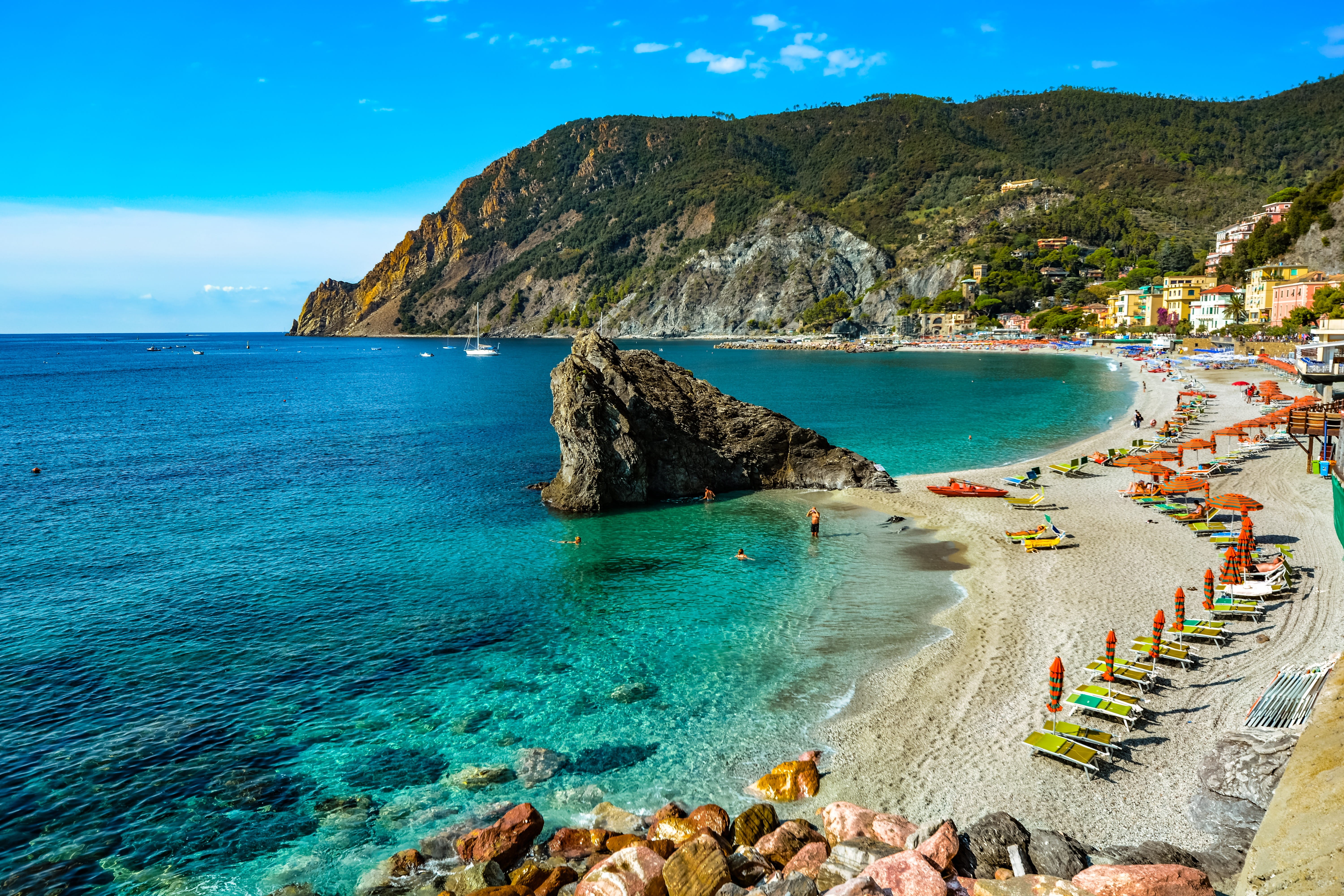 shore, bay, mountain, sandy beach, italian, umbrellas, rock - object, paradise, sand, scenics - nature, sea, relax, solid, water, travel, lifestyle, idyllic, HD Wallpaper