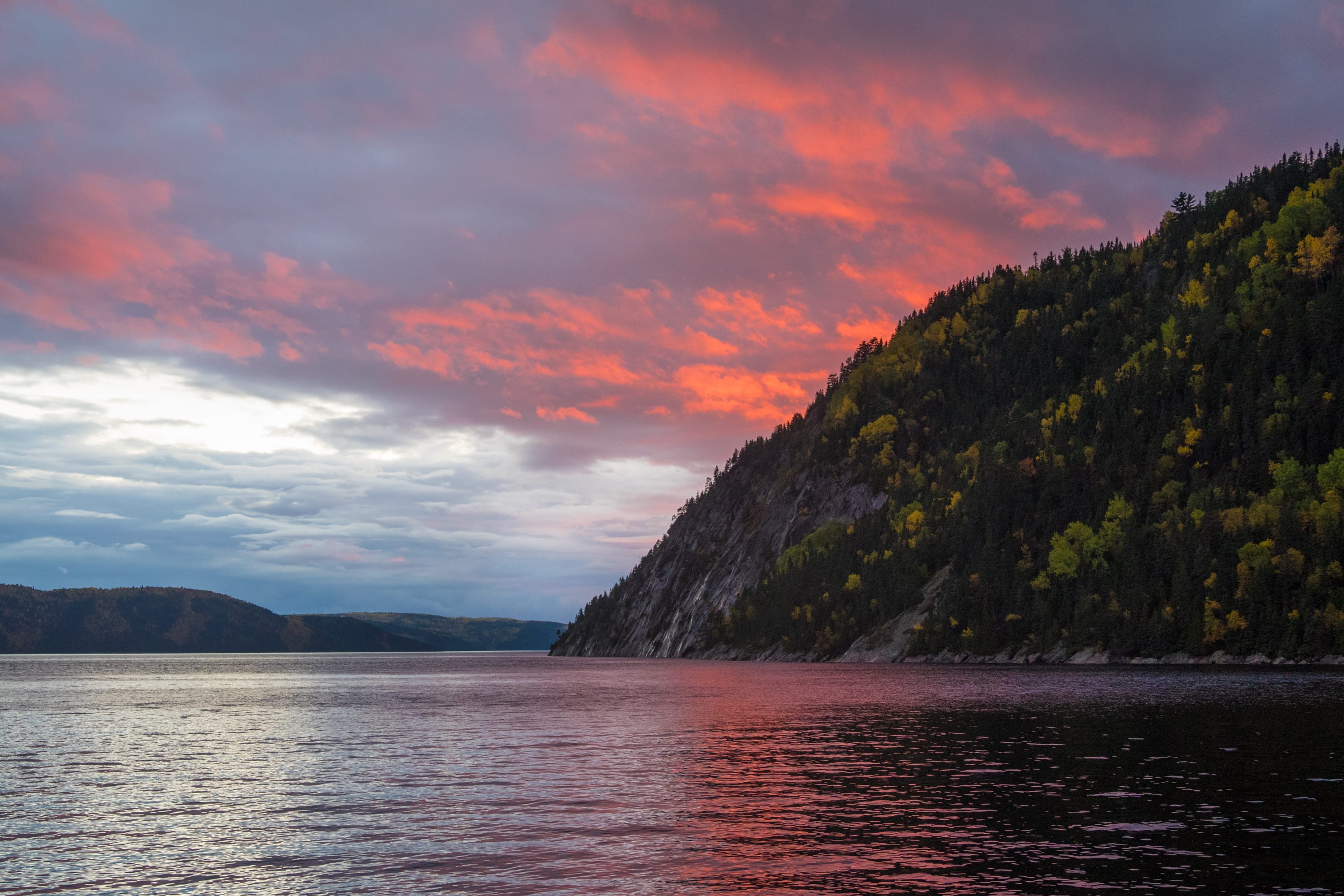 water, non-urban scene, sunset, tranquility, waterfront, canada, tree, outdoors, sea, nature, orange color, mountain, cloud - sky, no people, tranquil scene, HD Wallpaper
