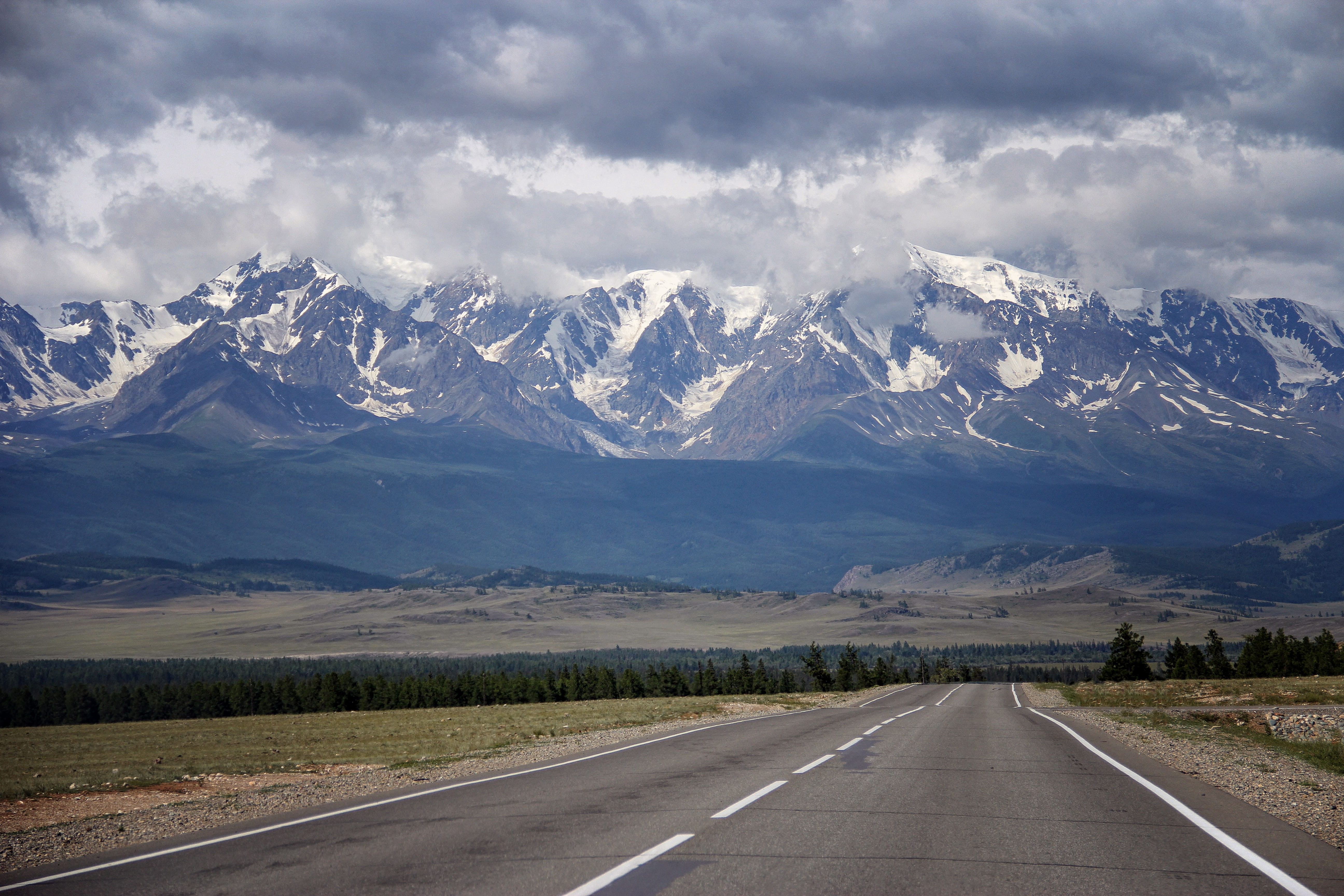 mountain range, siberia, mountain peak, scenics - nature, road, road trip, cloudscape, altai, snowcapped mountain, tchouïa du nord, travel, highway, nature, HD Wallpaper