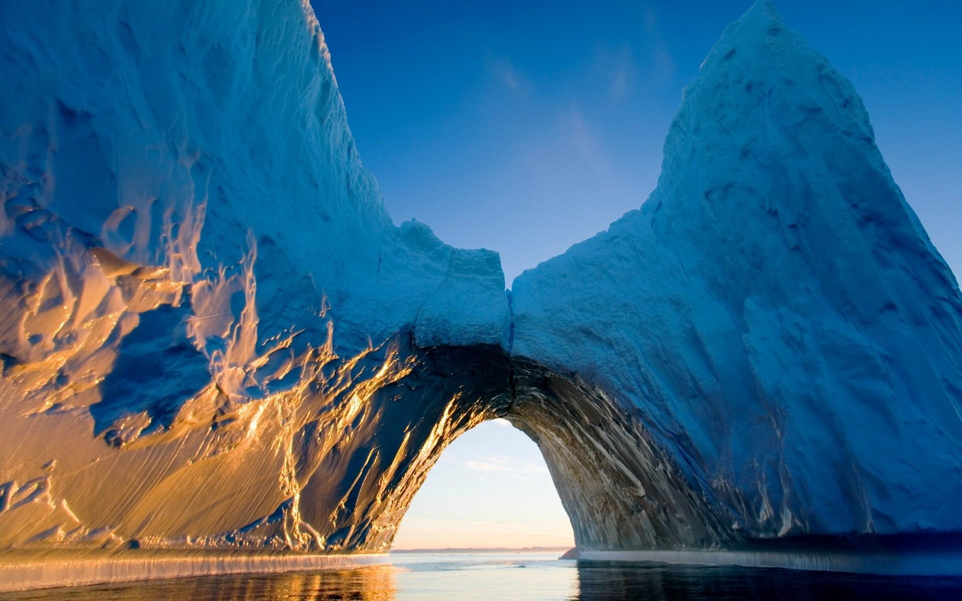 3d and abstract, arch, artic, sunlight, ocean, 1080P, iceberg, HD Wallpaper