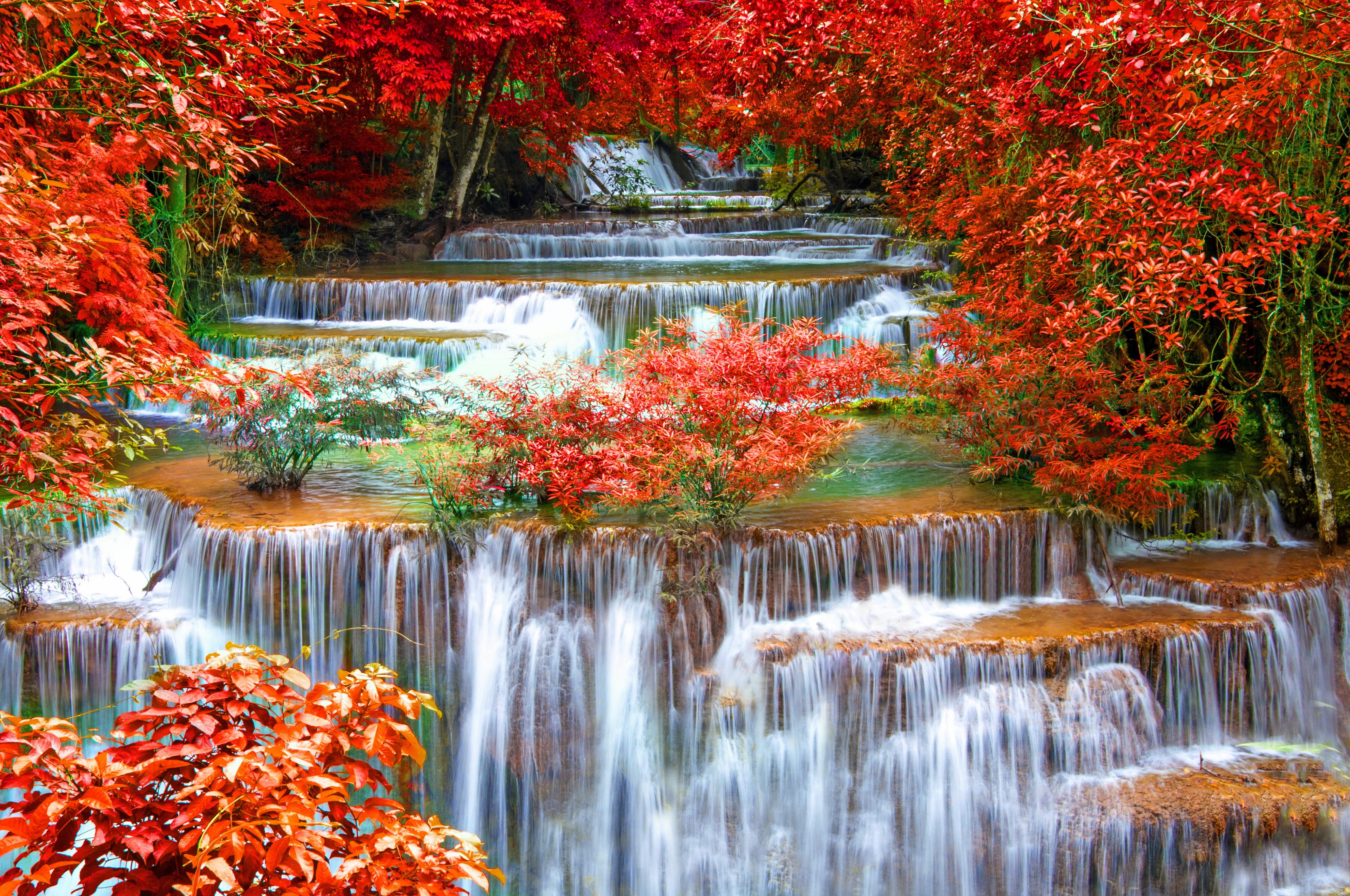 nature, province, autumn, seasons, thailand, 5K, kanchanaburi, waterfall, HD Wallpaper