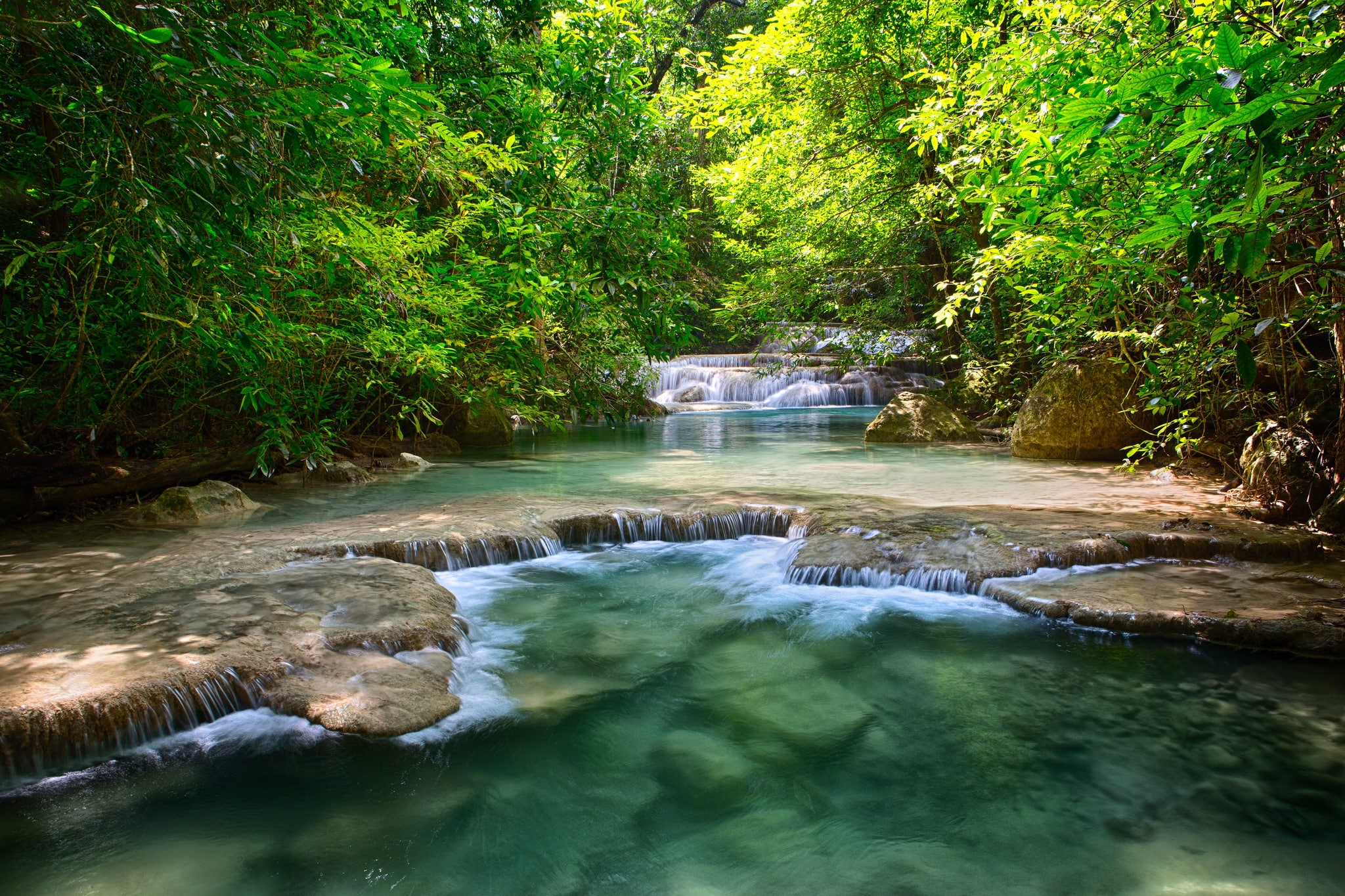 wet, Thailand, blurred Motion, nature, waterfall, scenics, non-urban scene, green, day, scenics - nature, tropical Rainforest, trees, leafed, river, water, HD Wallpaper