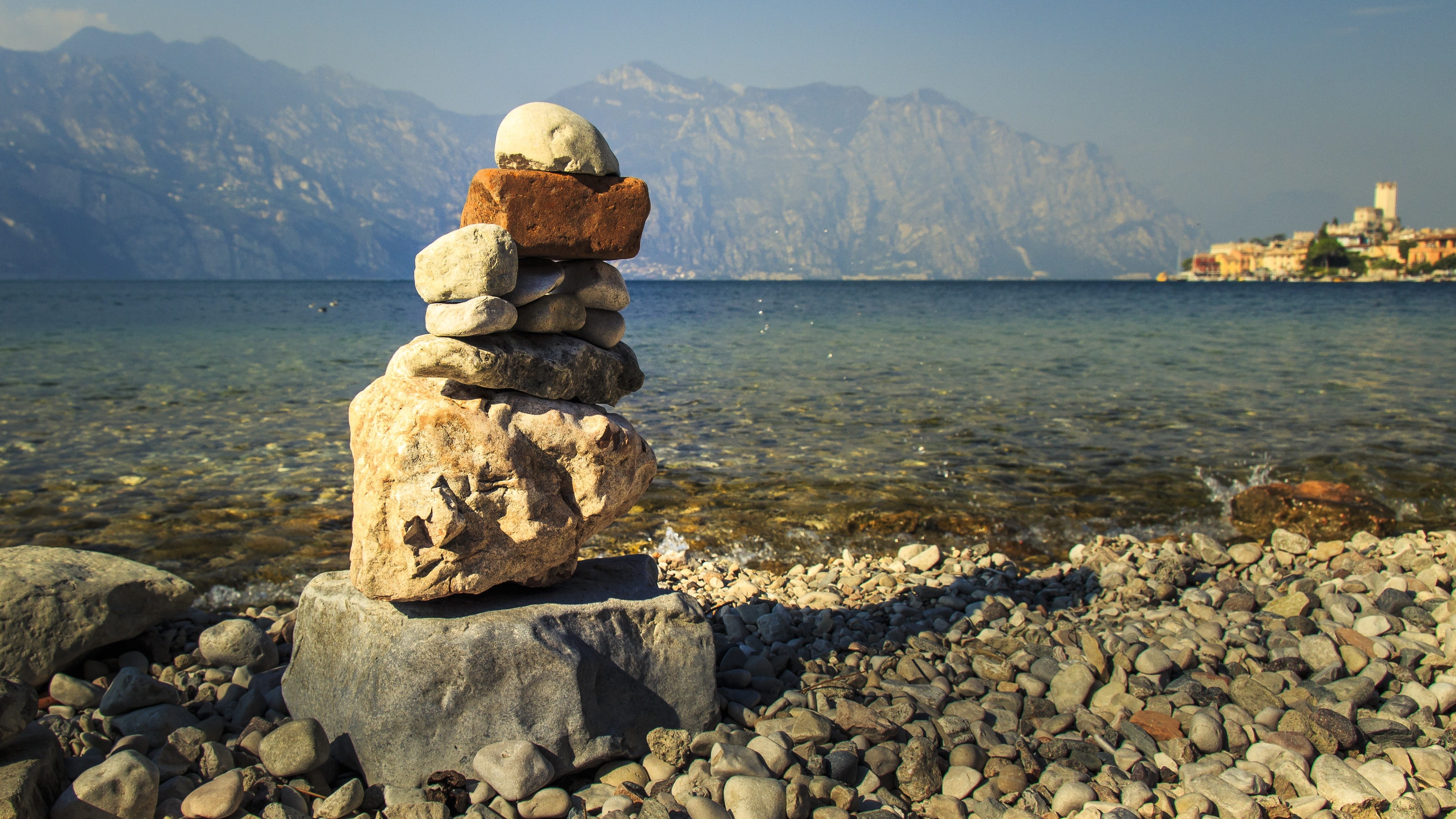 rock, bank, water, 4K, land, relaxation, garda, tranquility, tranquil scene, stone - object, nature, balance, malcesine, mirroring, rock - object, beach, HD Wallpaper