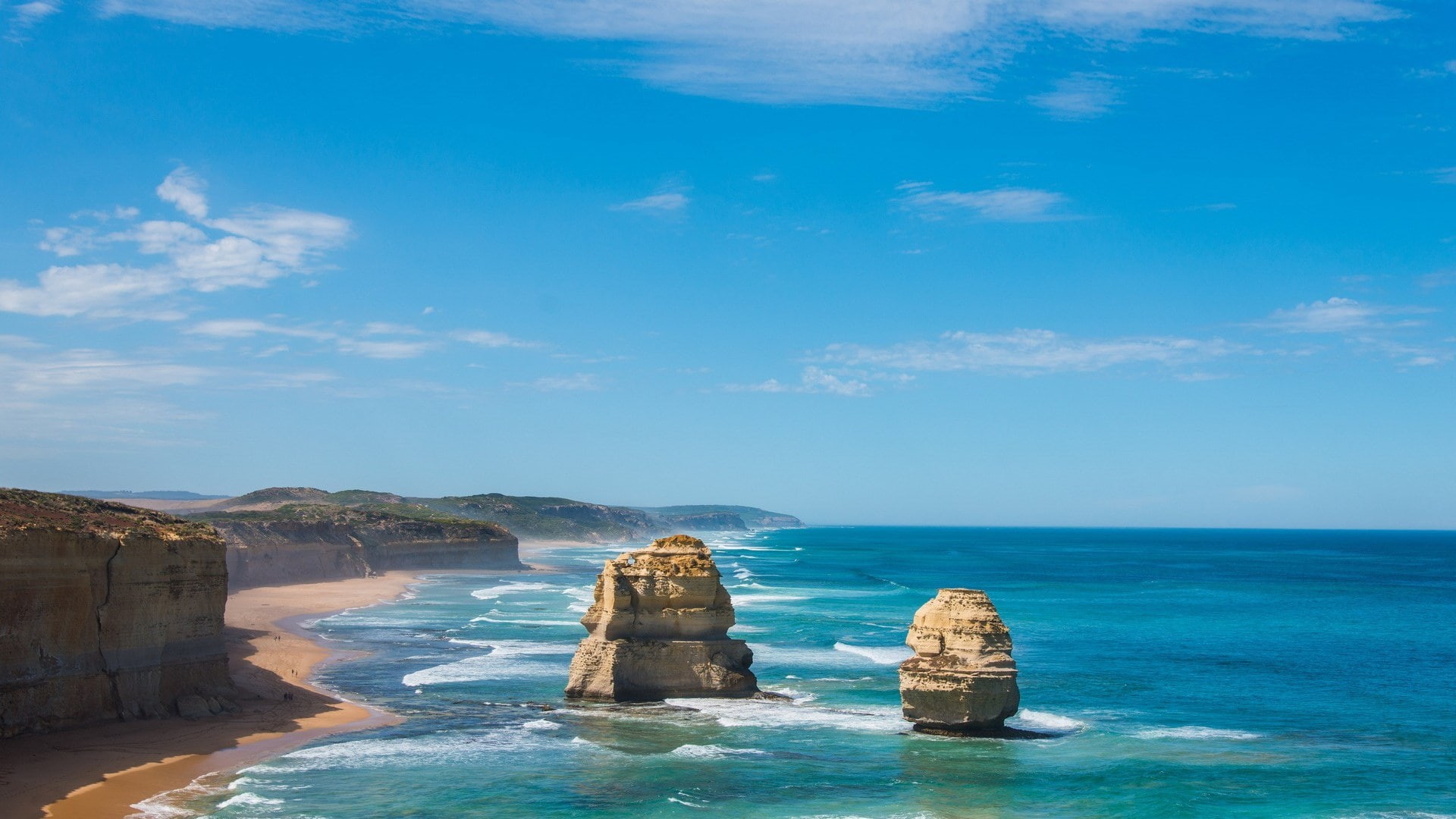 outdoors, 1080P, water, cloud - sky, day, sea, beauty in nature, sky, no people, rock - object, rock formation, land, tranquil scene, stack rock, blue, HD Wallpaper