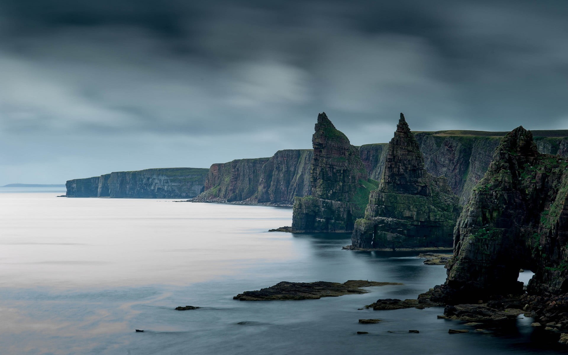 rock formation, cloud - sky, sea, tranquil scene, water, landscape, 1080P, nature, beach, beauty in nature, stack rock, solid, cliff, Duncansby Stacks, HD Wallpaper