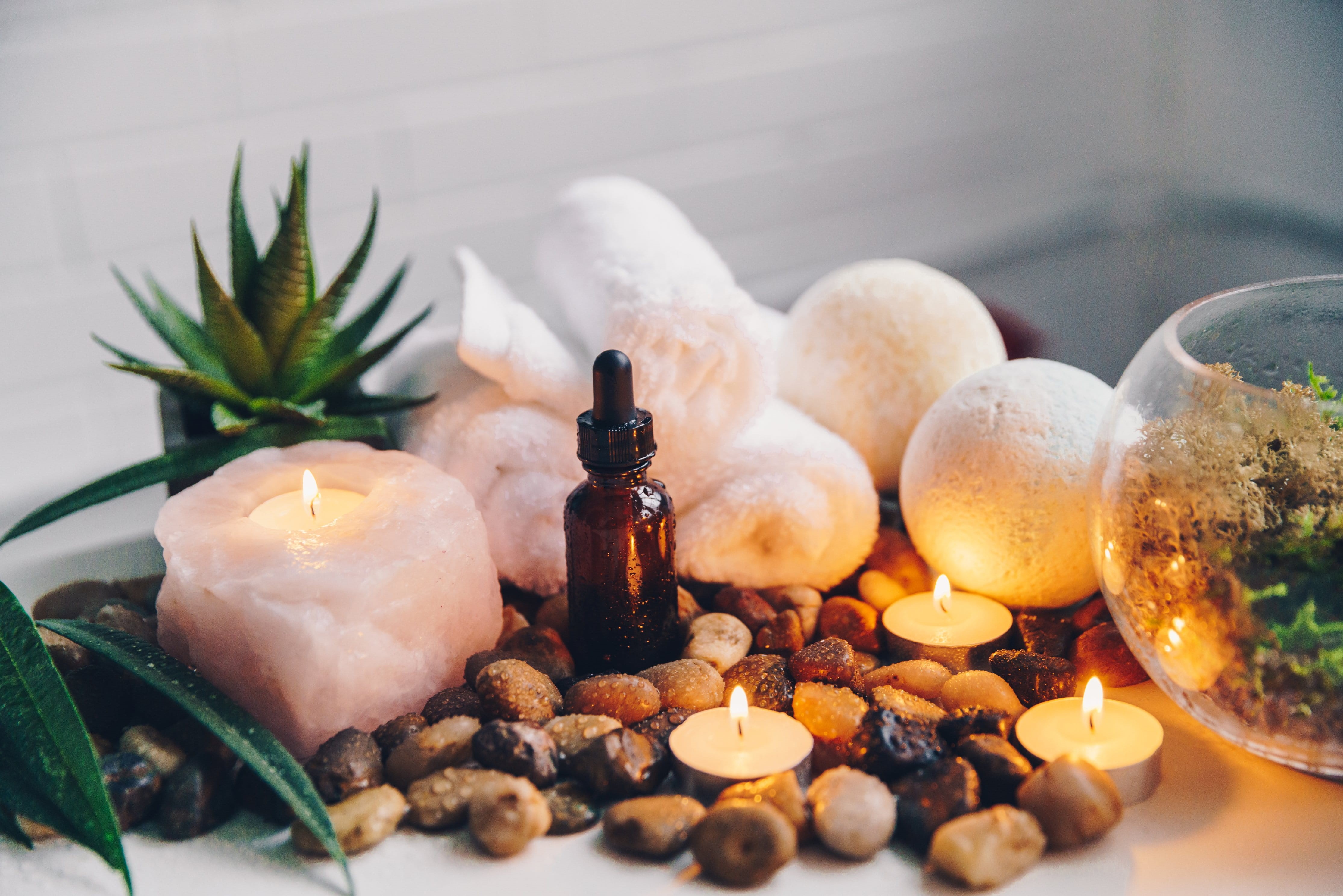 alternative therapy, still life, Candle, fire, healthcare and medicine, luxury, healthy lifestyle, container, Rocks, wellbeing, decor, Plants, candles, HD Wallpaper