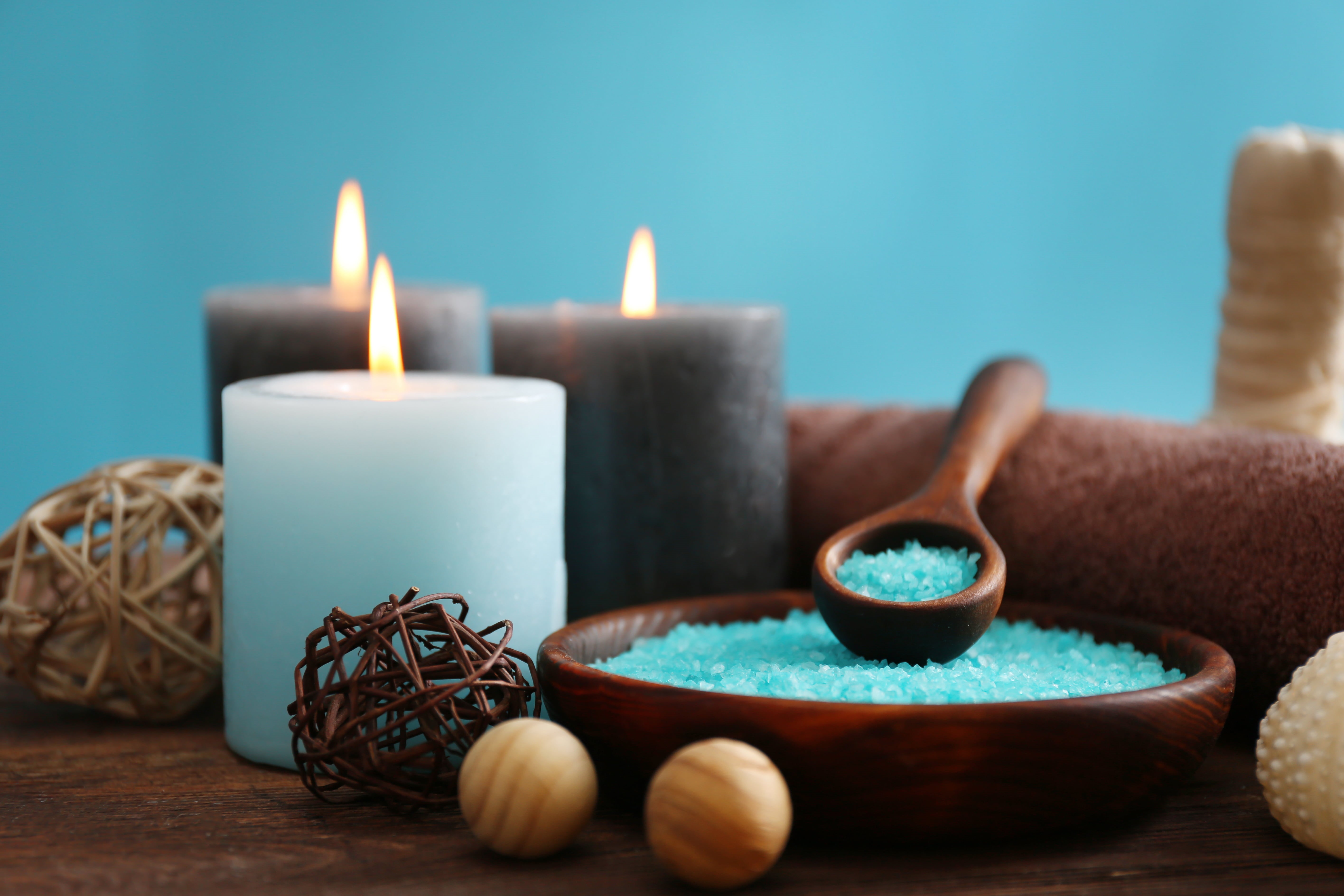 flowers, no people, wood - material, Spa, salt, fire, celebration, multi colored, flame, decoration, burning, wellness, 5K, table, illuminated, blue, candle, HD Wallpaper