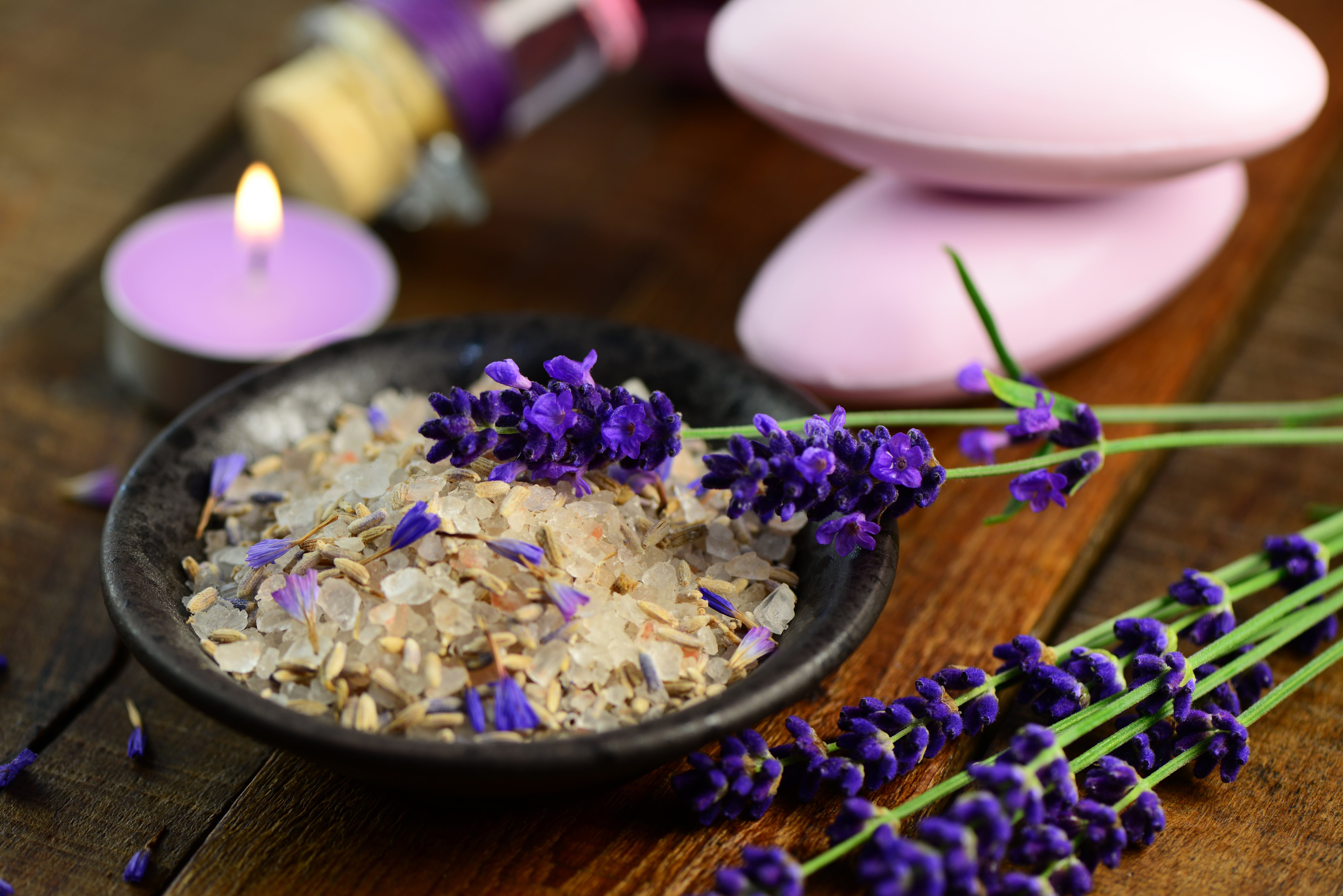 relax, wellbeing, bowl, table, nature, plant, no people, candles, purple, still life, petaled, Spa, salt, selective focus, flame, wood - material, aromatherapy, HD Wallpaper