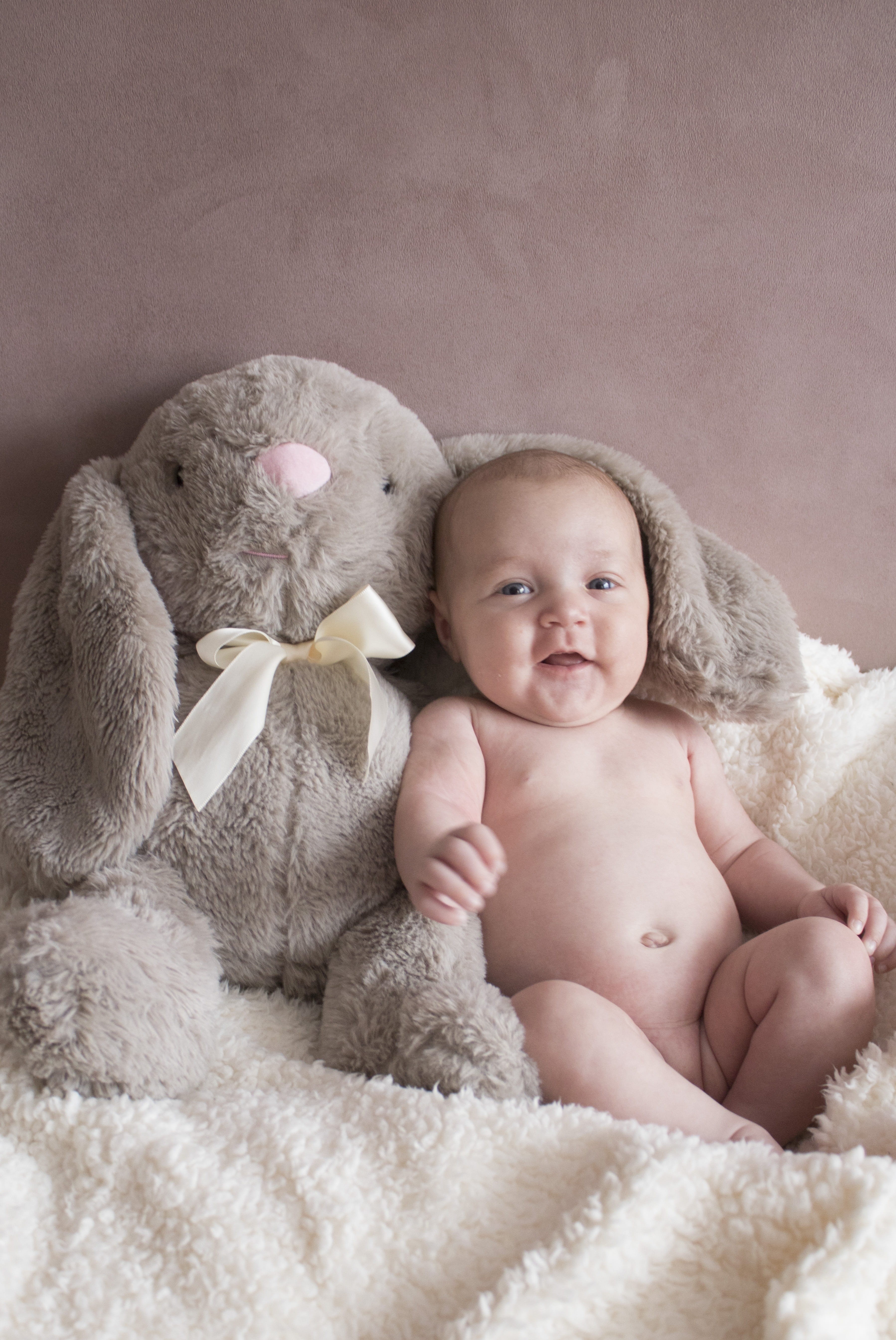 teddy bear, family, young, cute, adorable, infant, love, toy, pink, smile, blanket, soft, rabbit, babyhood, newborn, baby, softness, kid, lying down, child, Phone HD Wallpaper