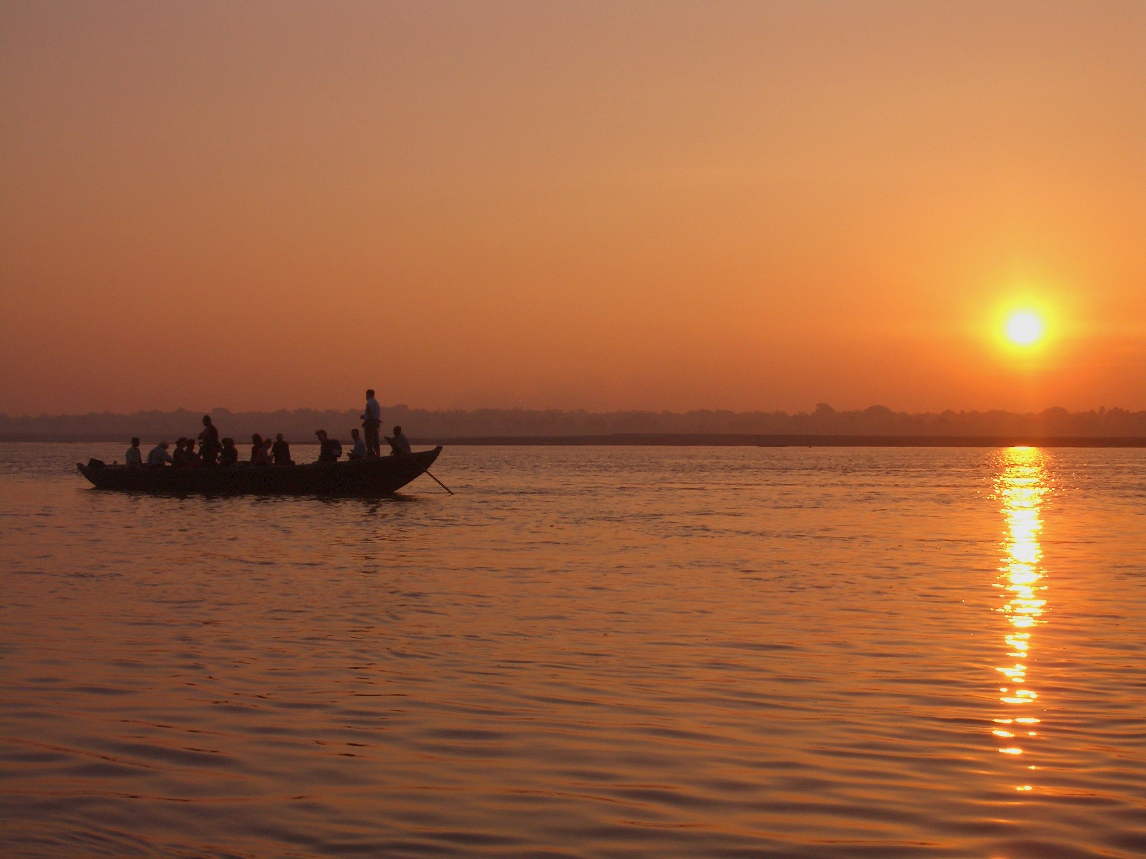 ganges, water, barca, sun, lifestyles, dawn, nautical Vessel, waterfront, horizon over water, nature, orange color, sea, outdoors, silhouette, sky, light, HD Wallpaper