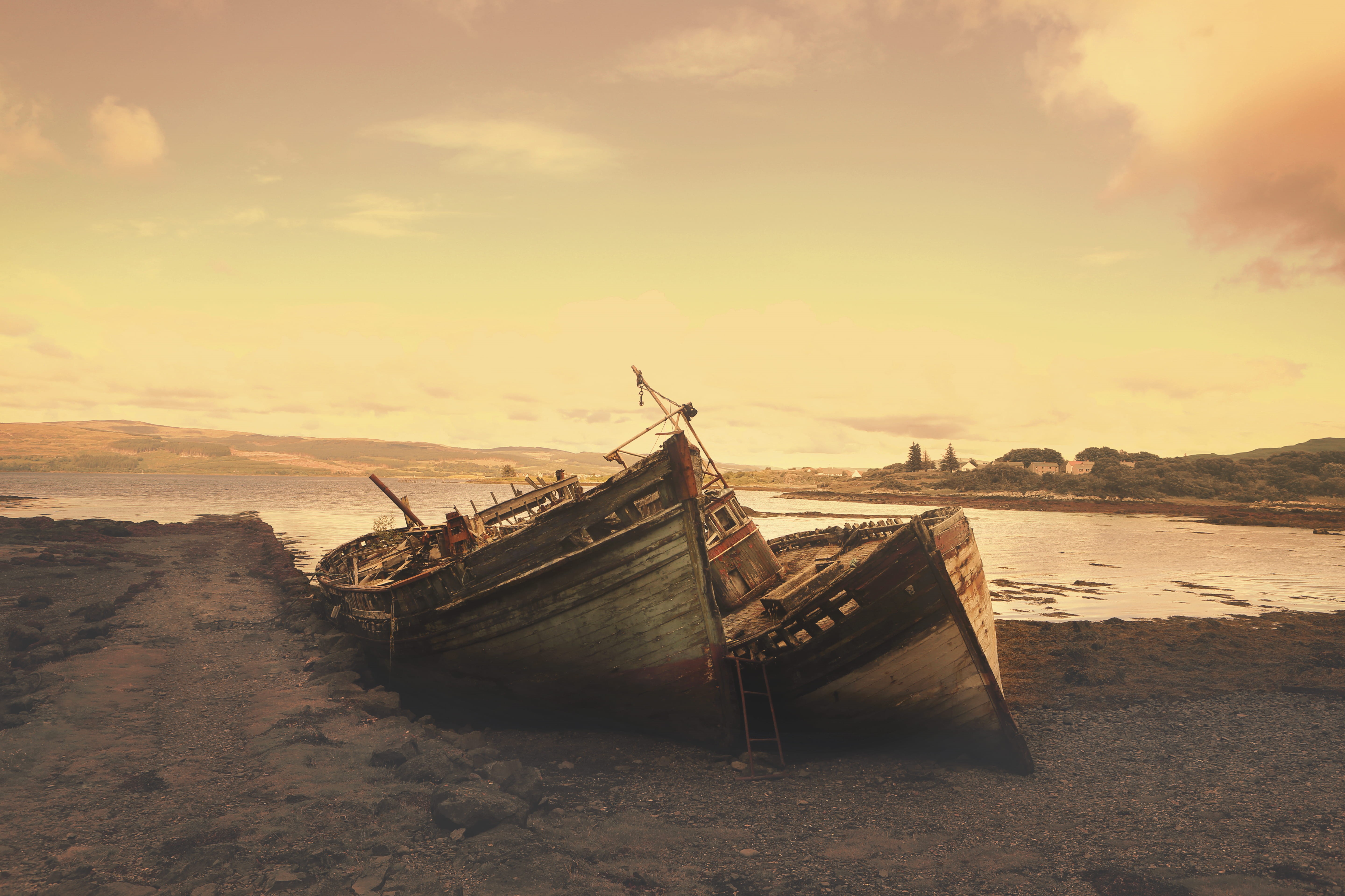 ruined, seashore, landscape, no people, daytime, nautical Vessel, decline, tranquil scene, shipwreck, brown, damaged, sky, sea, nature, cloud - sky, boat, HD Wallpaper