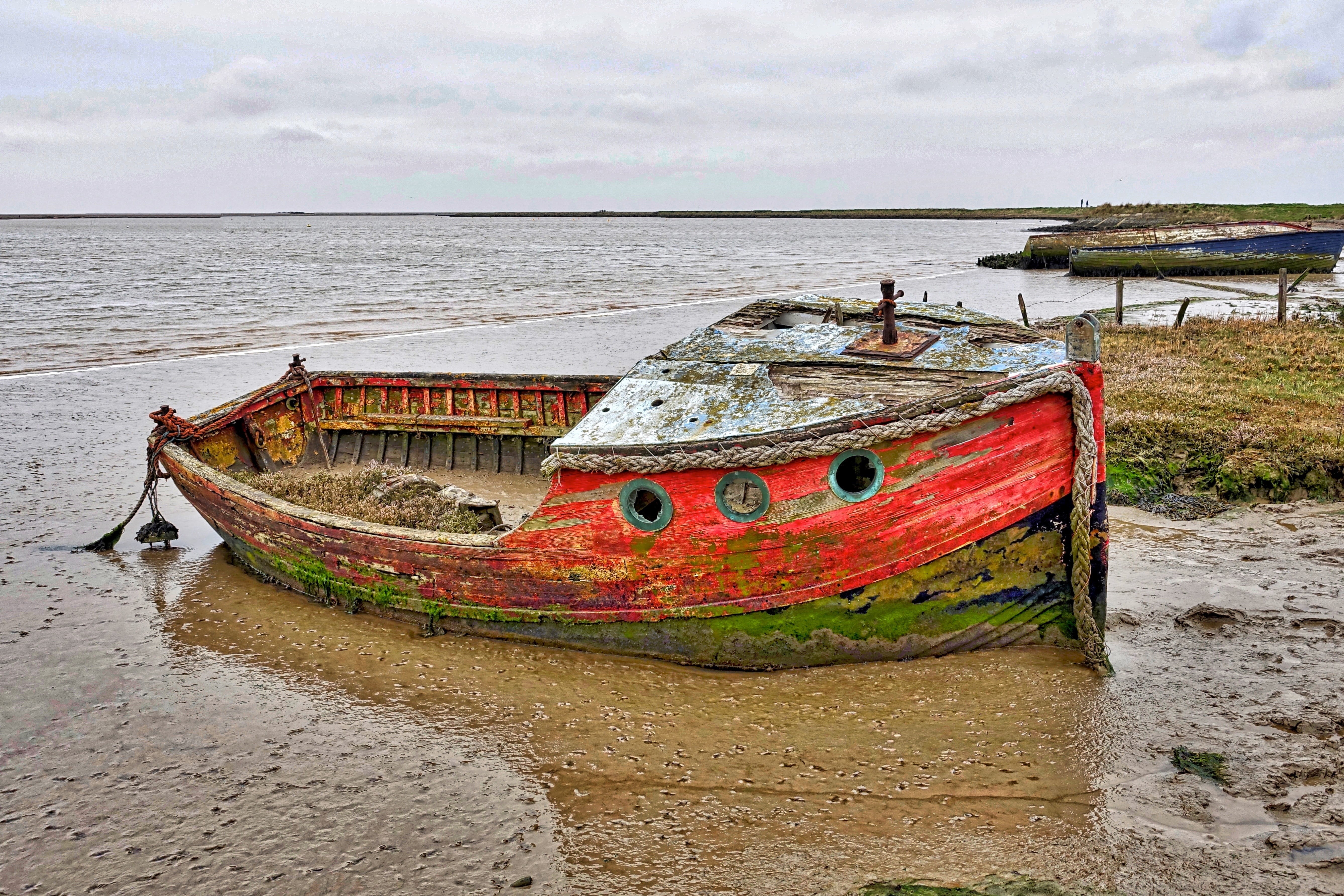 water, landscape, coastline, body of water, sky, asia, tranquility, wooden, near, boat, beached, land, daytime, ship, 5K, red, sea, beauty in nature, scenics - nature, HD Wallpaper