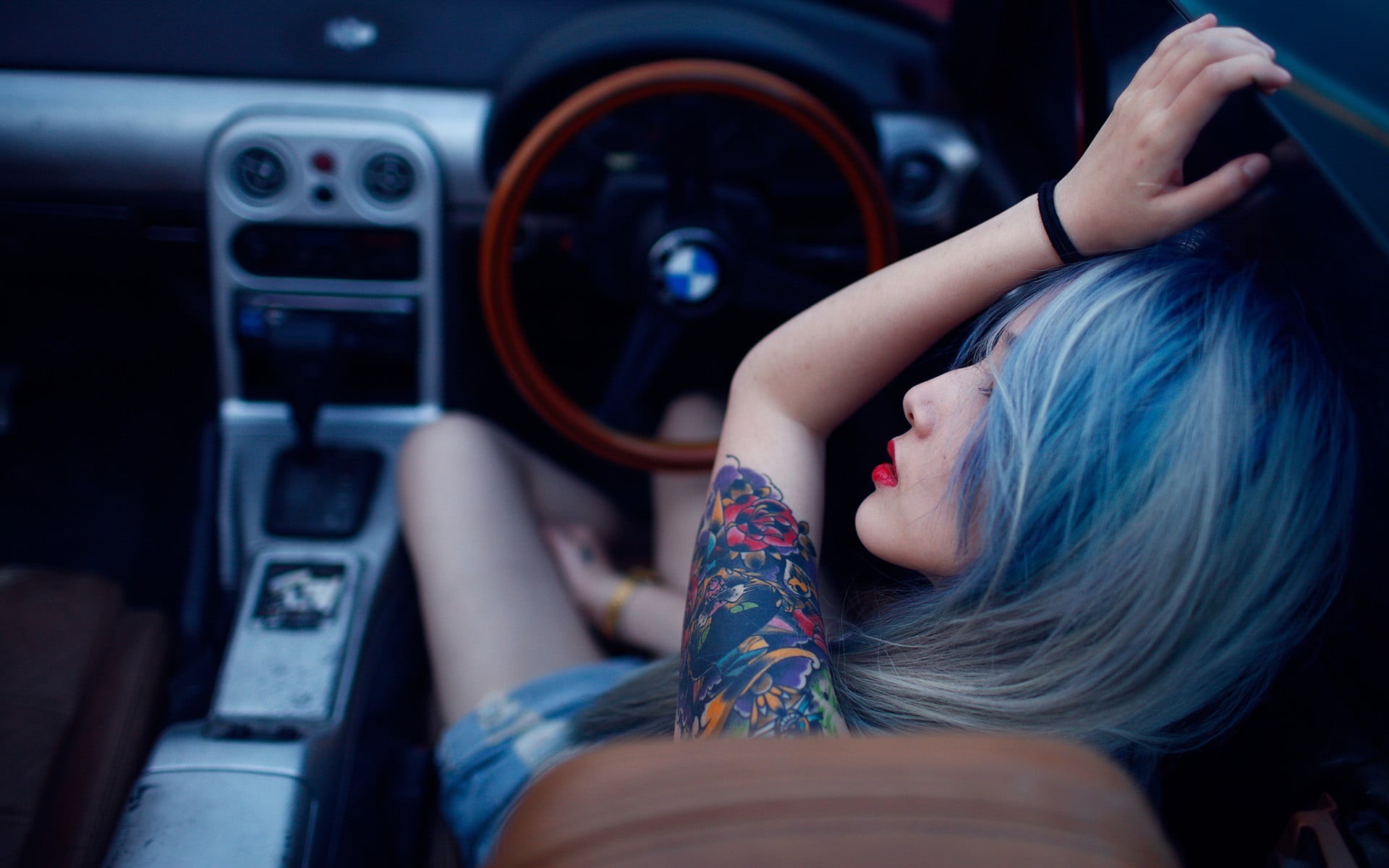 fashion, 1080P, headshot, one person, shoulder, beautiful woman, young women, blue hair, Japanese, young adult, floral, lying down, lifestyles, transportation, HD Wallpaper