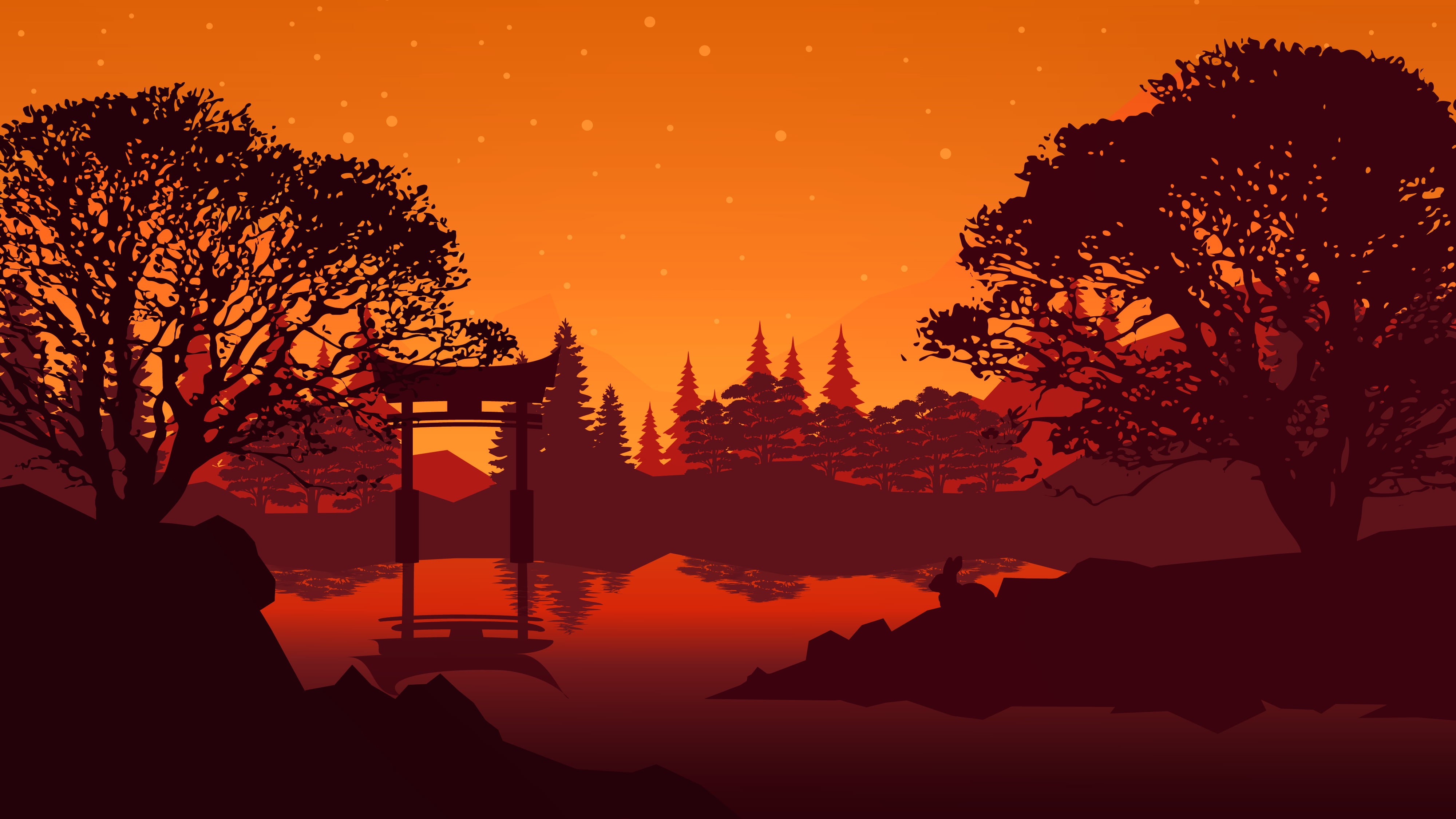 growth, plant, idyllic, no people, non-urban scene, trees, beauty in nature, nature, outdoors, sunset, torii, 4K, sky, art, landscape, tree, reflection, HD Wallpaper