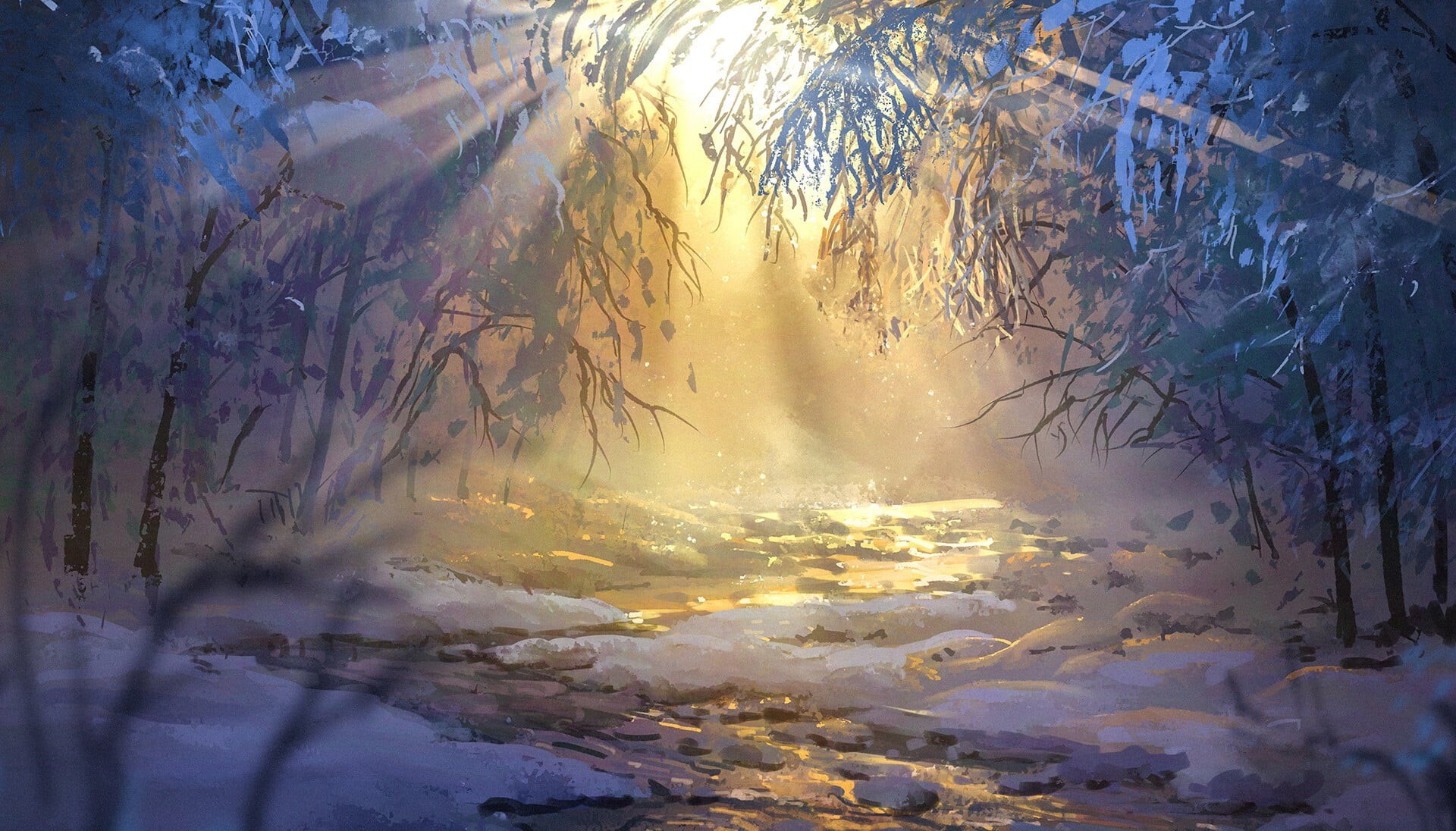 sunrise, winter, forest, snow, Surendra Rajawat, anime, 1080P, HD Wallpaper