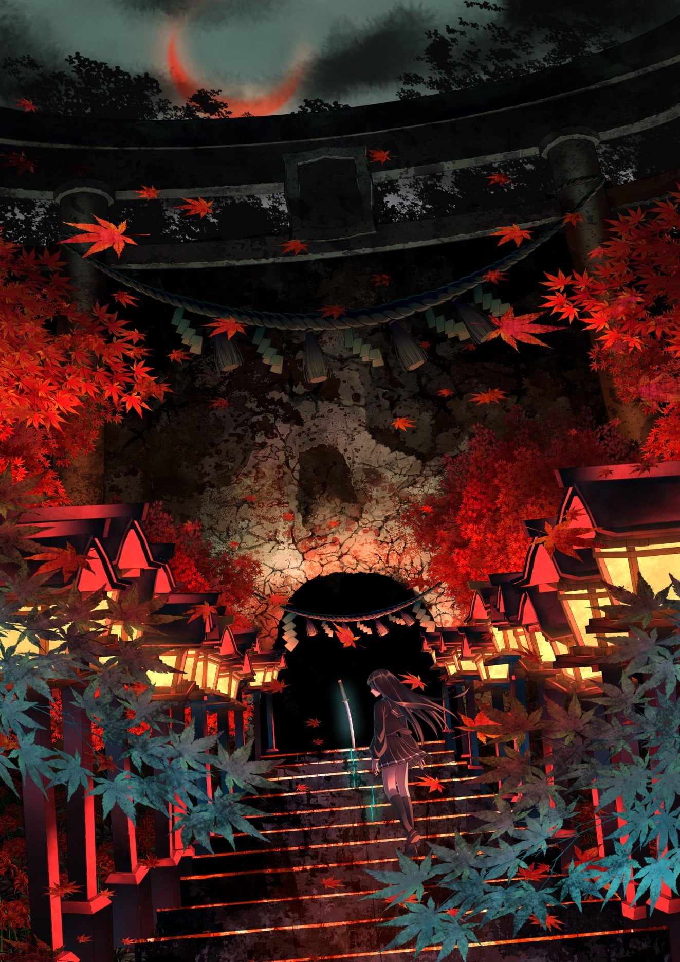 autumn, illuminated, change, shrine, leaves, plant, spirituality, 720P, religion, architecture, outdoors, place of worship, near, original characters, Phone HD Wallpaper