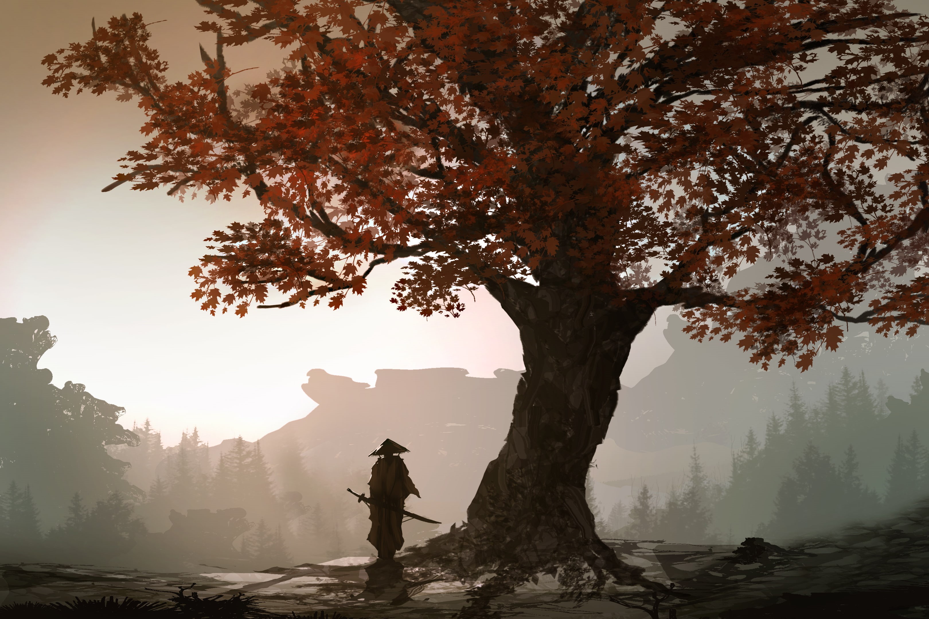 Fall, Tree, 2K, Samurai, Fantasy, Warrior, HD Wallpaper