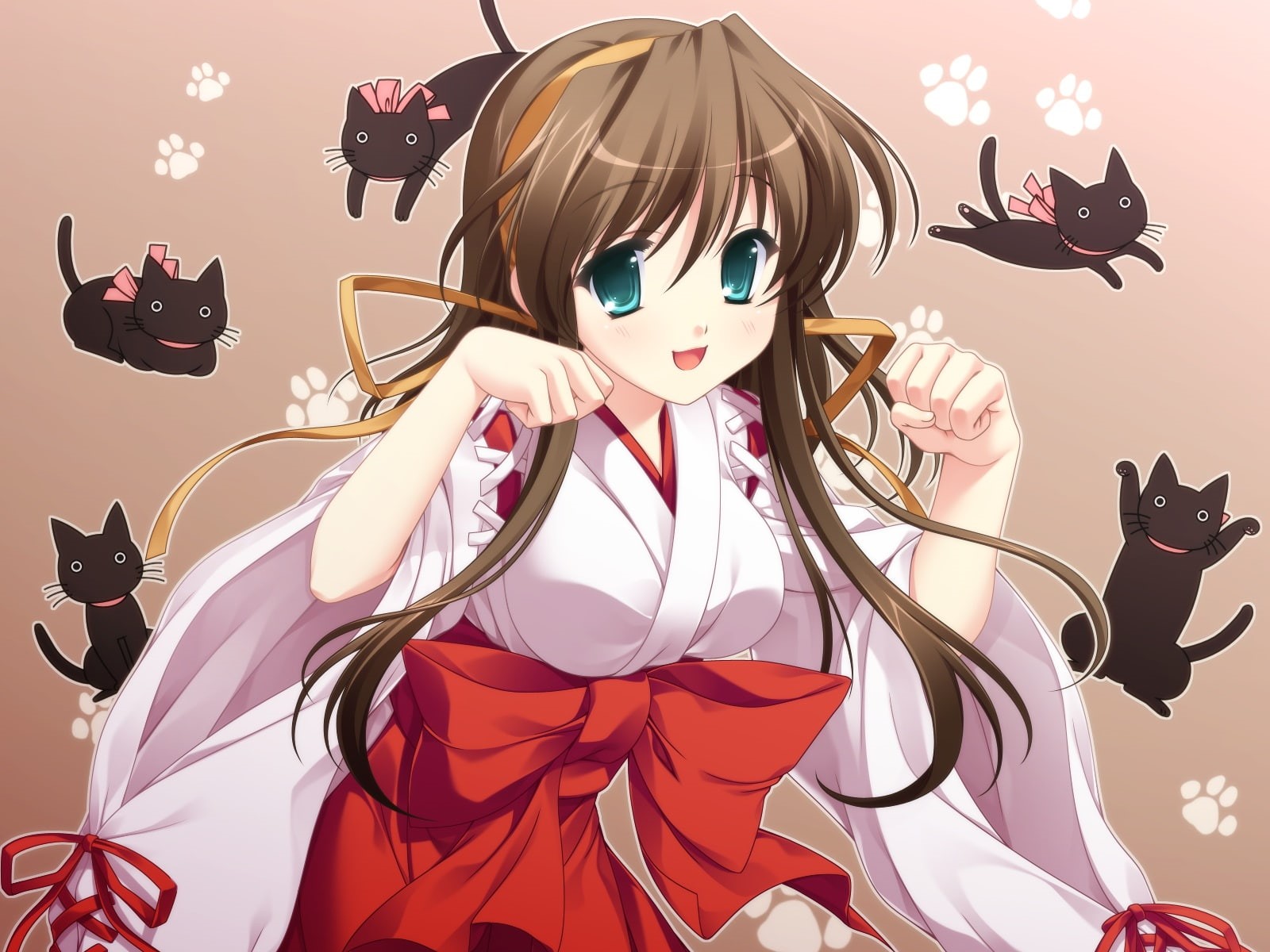 japanese, odawara, brown, game, sinsemilla, tasogare, long, cat, green, eyes, hair, 720P, akane, hakone, miko, animal, clothes, minato, applique, HD Wallpaper