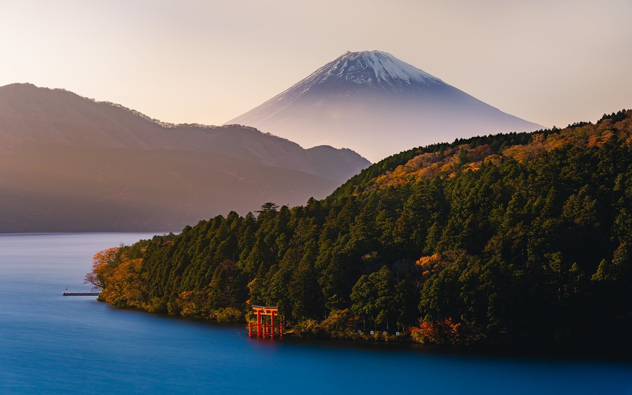 Fuji, lake, mountain, Kanagawa, Lake ASHI, forest, 1080P, Japan, torii, the volcano, Hakone, Mount Fuji, HD Wallpaper