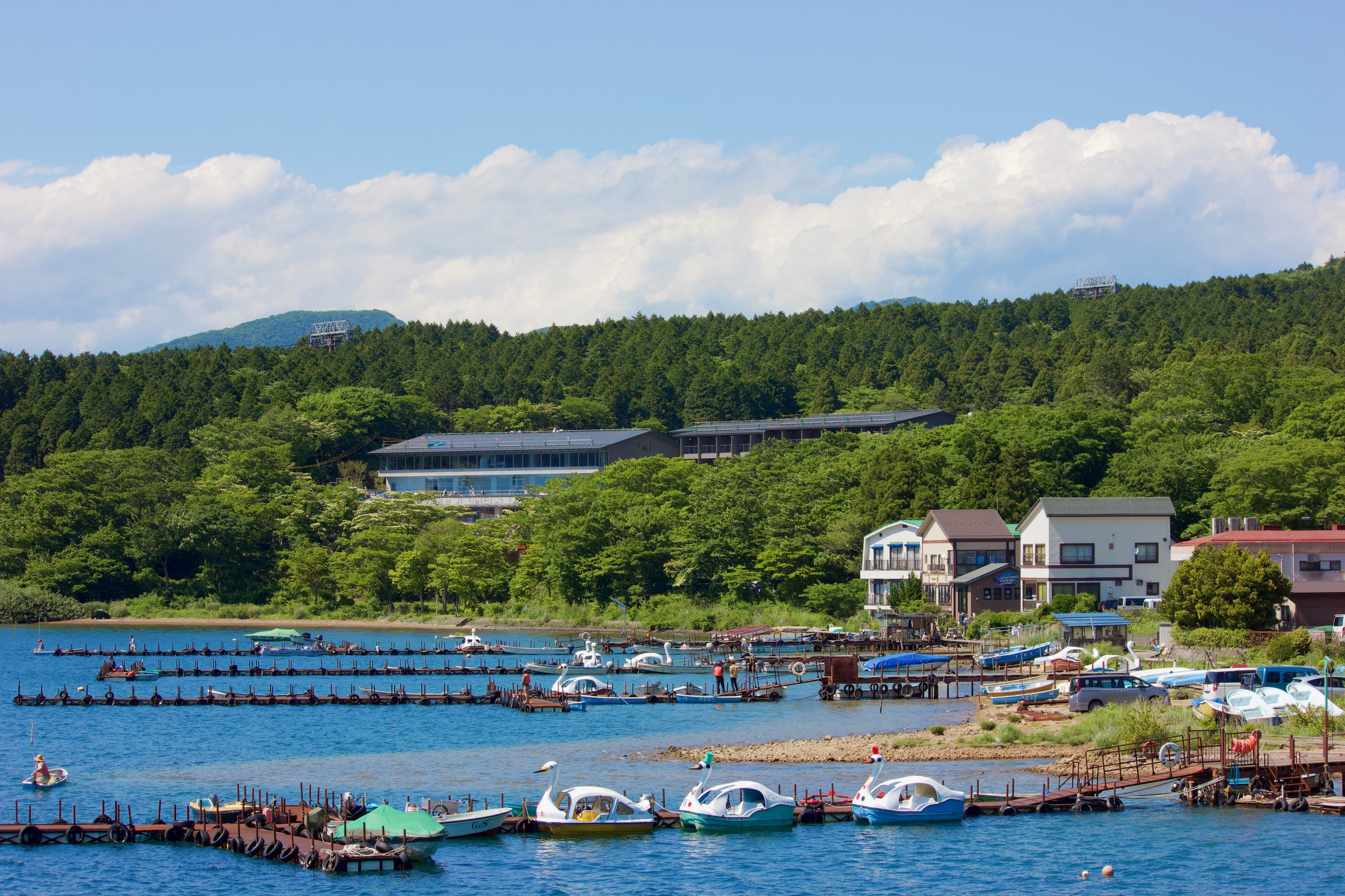 asia, clouds, boats, docks, hakone, windy, tree, nature, cloud - sky, houses, trees, beauty in nature, cool, 5K, sailboat, ducks, lake, transportation, HD Wallpaper