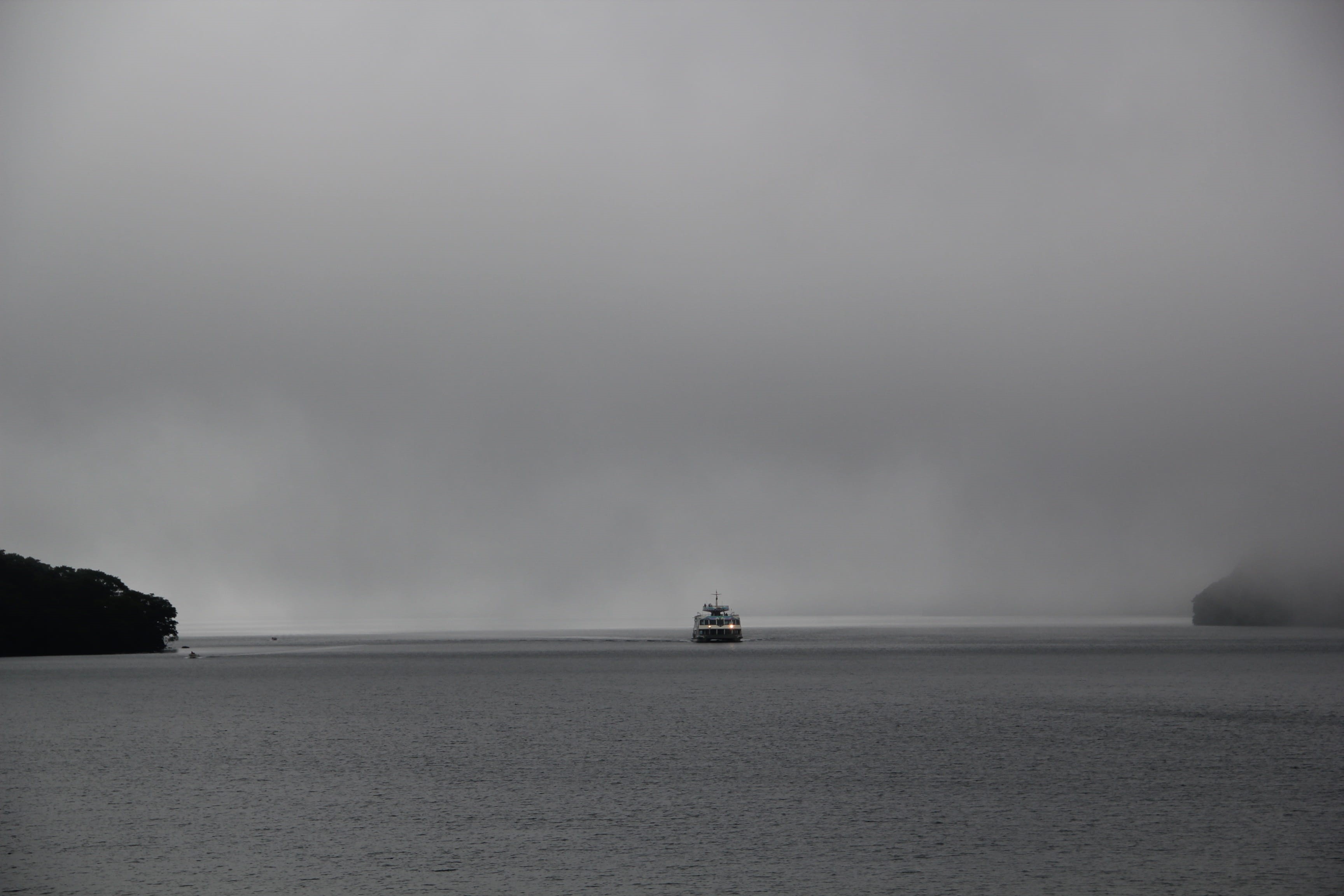 japan, fog, sea, day, landscape, sailing, beauty in nature, mist, ship, no people, cruise ship, mode of transportation, ashinoko lake, lonely, tranquil scene, HD Wallpaper