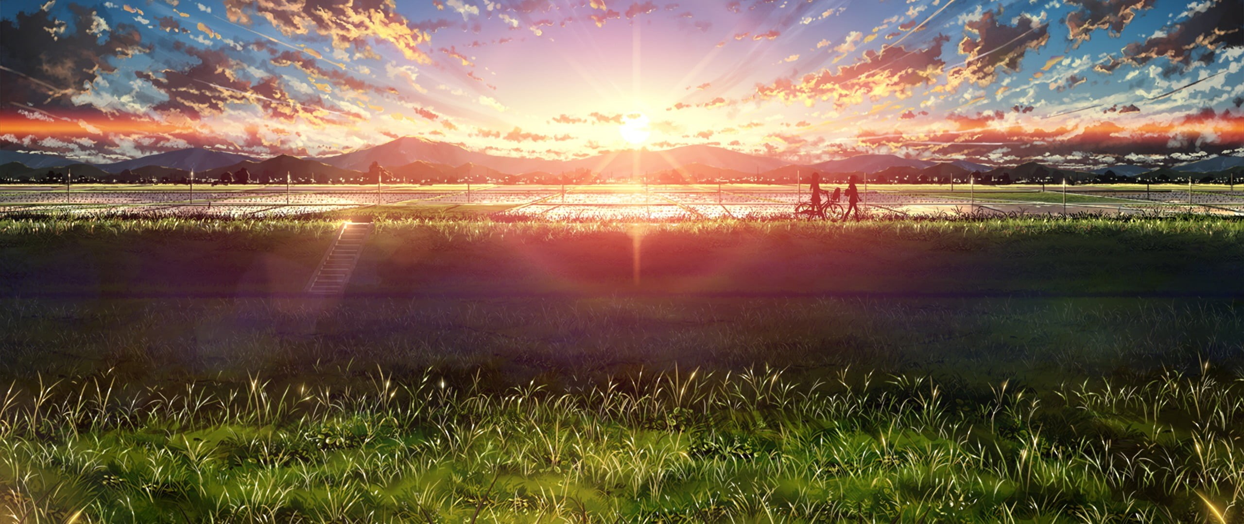 lens flare, bright, 2K, anime, sun, no people, nature, water, sunlight, beauty in nature, sunset, sky, outdoors, field, reflection, ultra-wide, landscape, HD Wallpaper