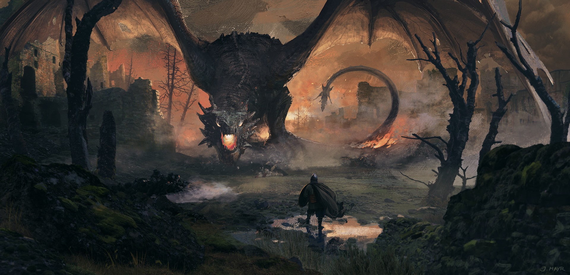 Clash, knight, giant, digital art, creature, concept art, 1080P, fantasy art, Jannis Mayr, warrior, dragon, castle, fire, HD Wallpaper