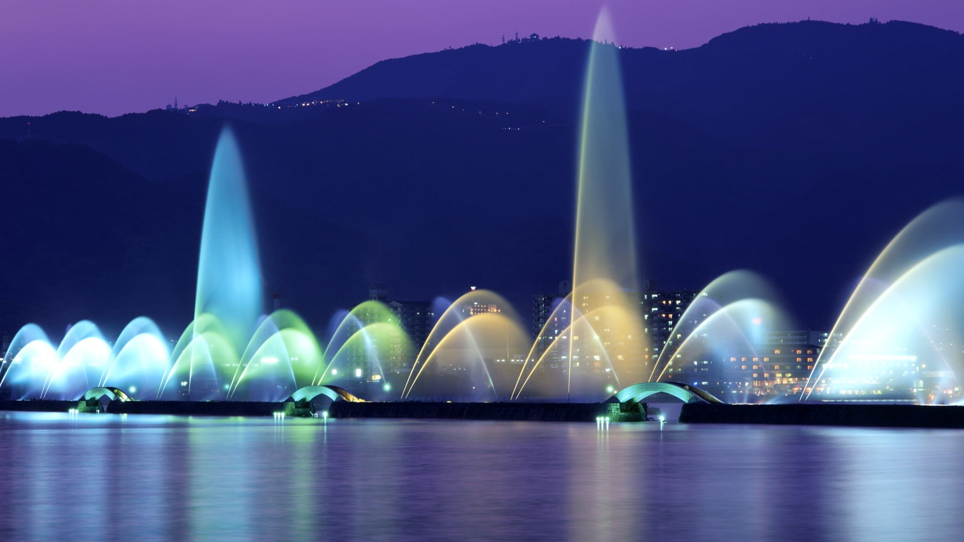 lights, lake Biwa, 1080P, fountain, night, Japan, HD Wallpaper