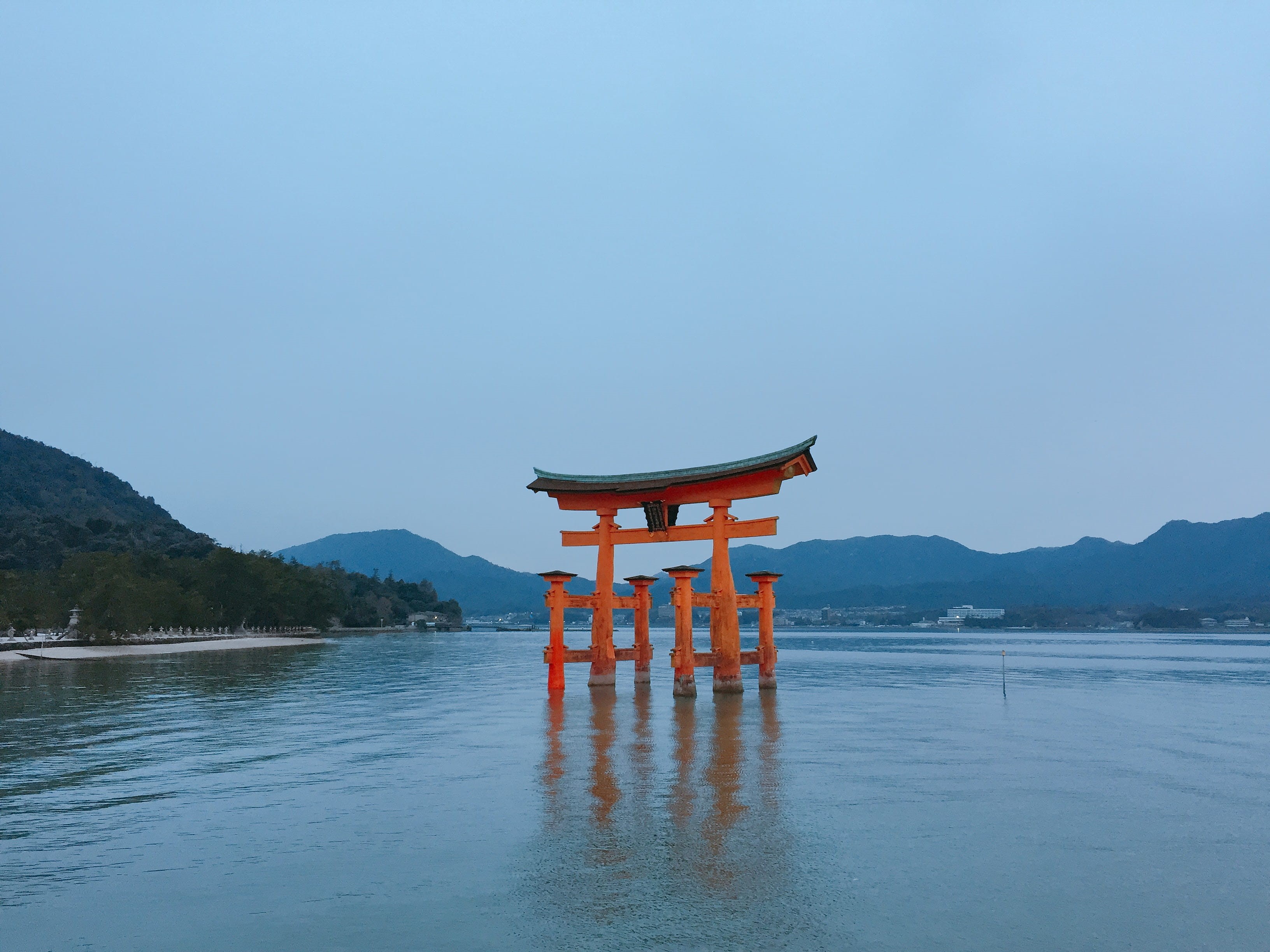 outdoors, place of worship, architecture, blue, spirituality, itsukushima, built structure, waterfront, tranquil scene, tranquility, sky, hatsukaichi, no people, HD Wallpaper