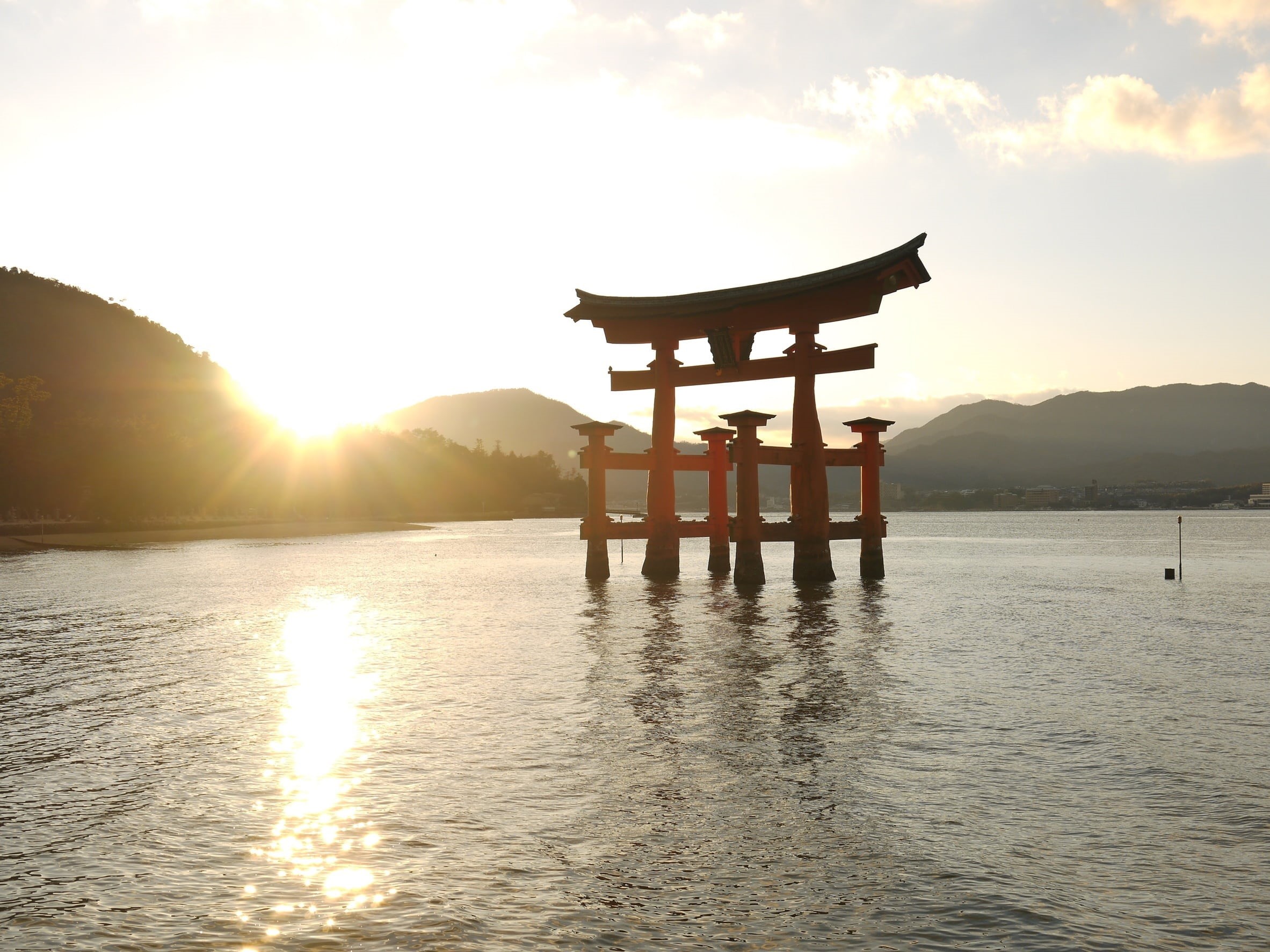asian, ocean, entrance, portal, architecture, sky, sunlight, japanese, belief, travel, 1080P, traditional, no people, waterfront, travel destinations, HD Wallpaper