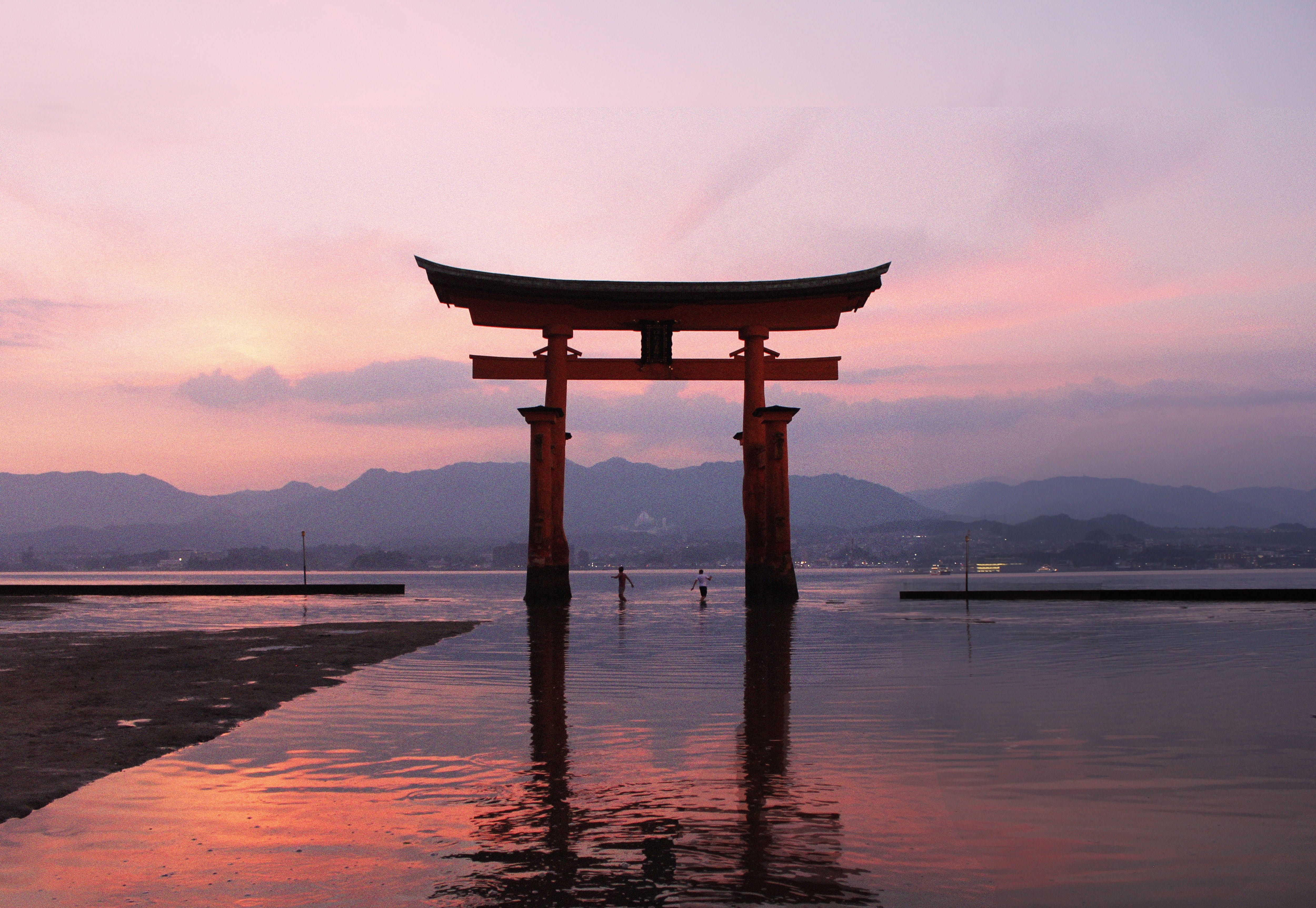 japan, nature, landmark, brown, itsukushima shrine, belief, no people, waves, sunset, travel, mountain, lake, scenics - nature, mountain range, tranquility, HD Wallpaper