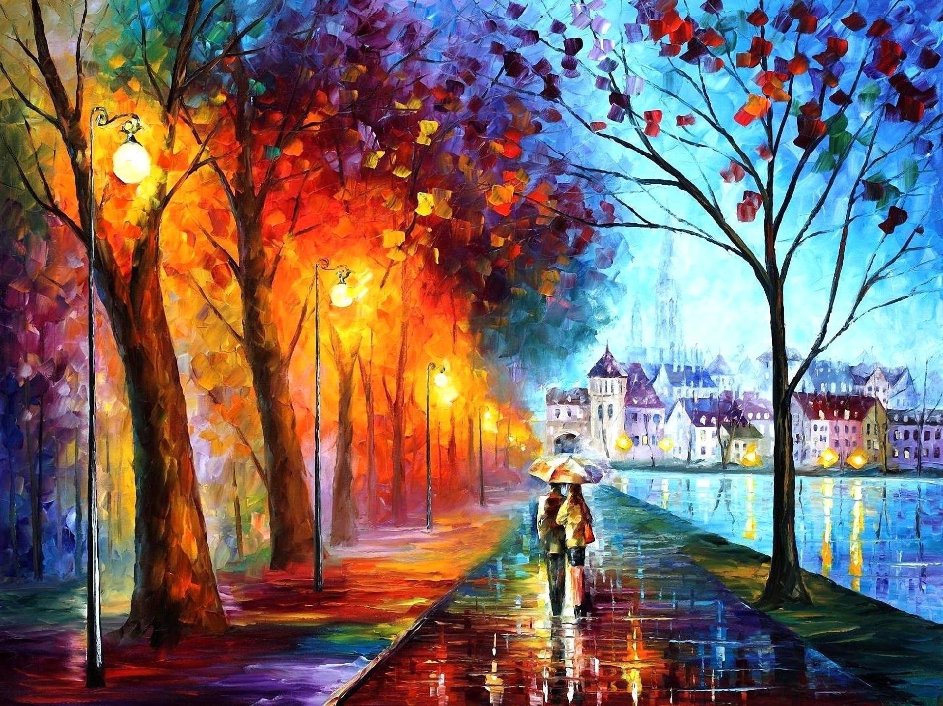 Trees, houses, afremov, rivers, parks, hd, rain, cityscapes, leonid, couple, 1080P, art, umbrella, umbrellas, artwork, HD Wallpaper
