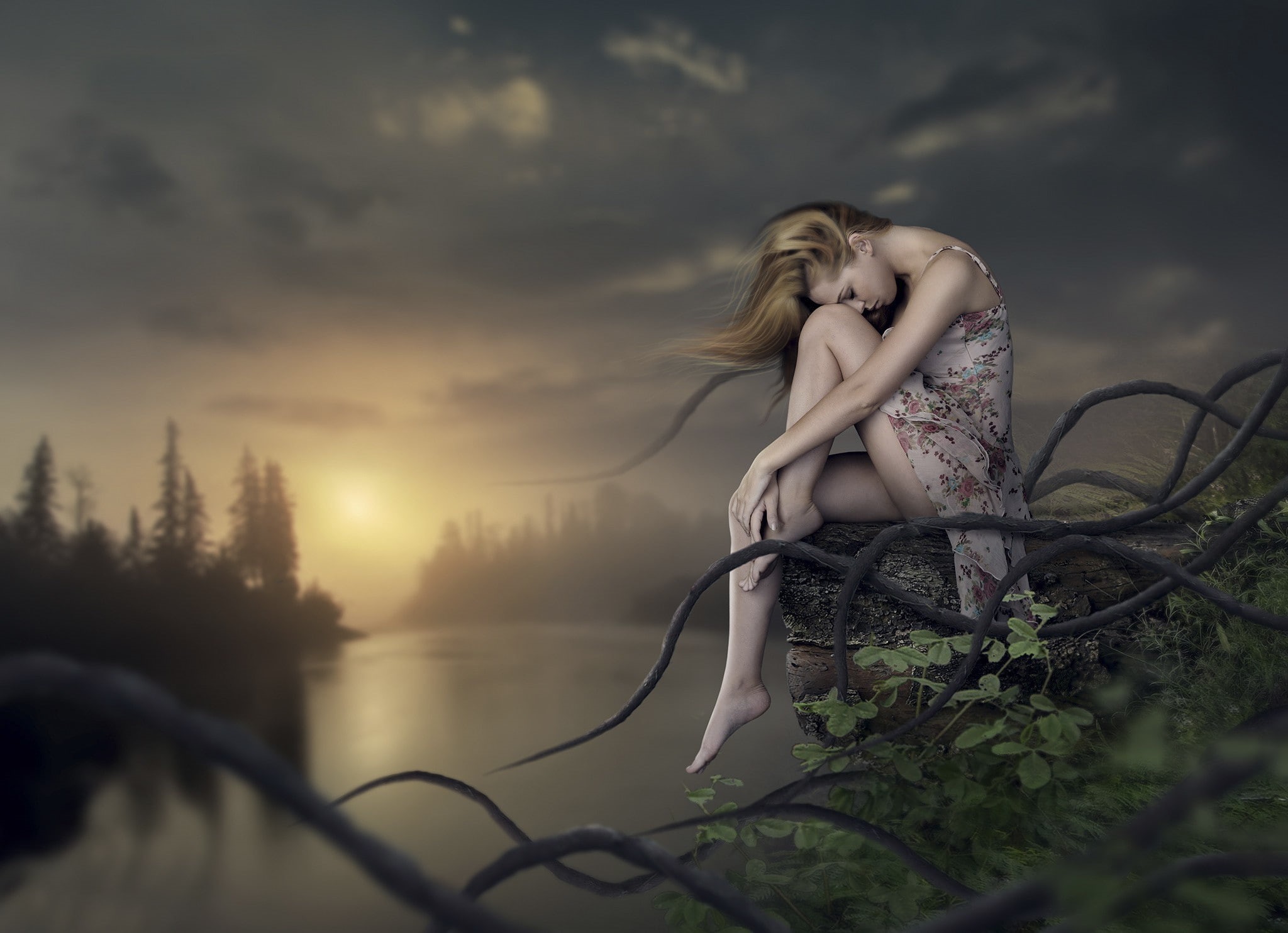 art, 2048x1484, women, grass, 1080P, trees, long, fantasy, hair, fantasy art, sunshine, long hair, blonde, sitting, HD Wallpaper