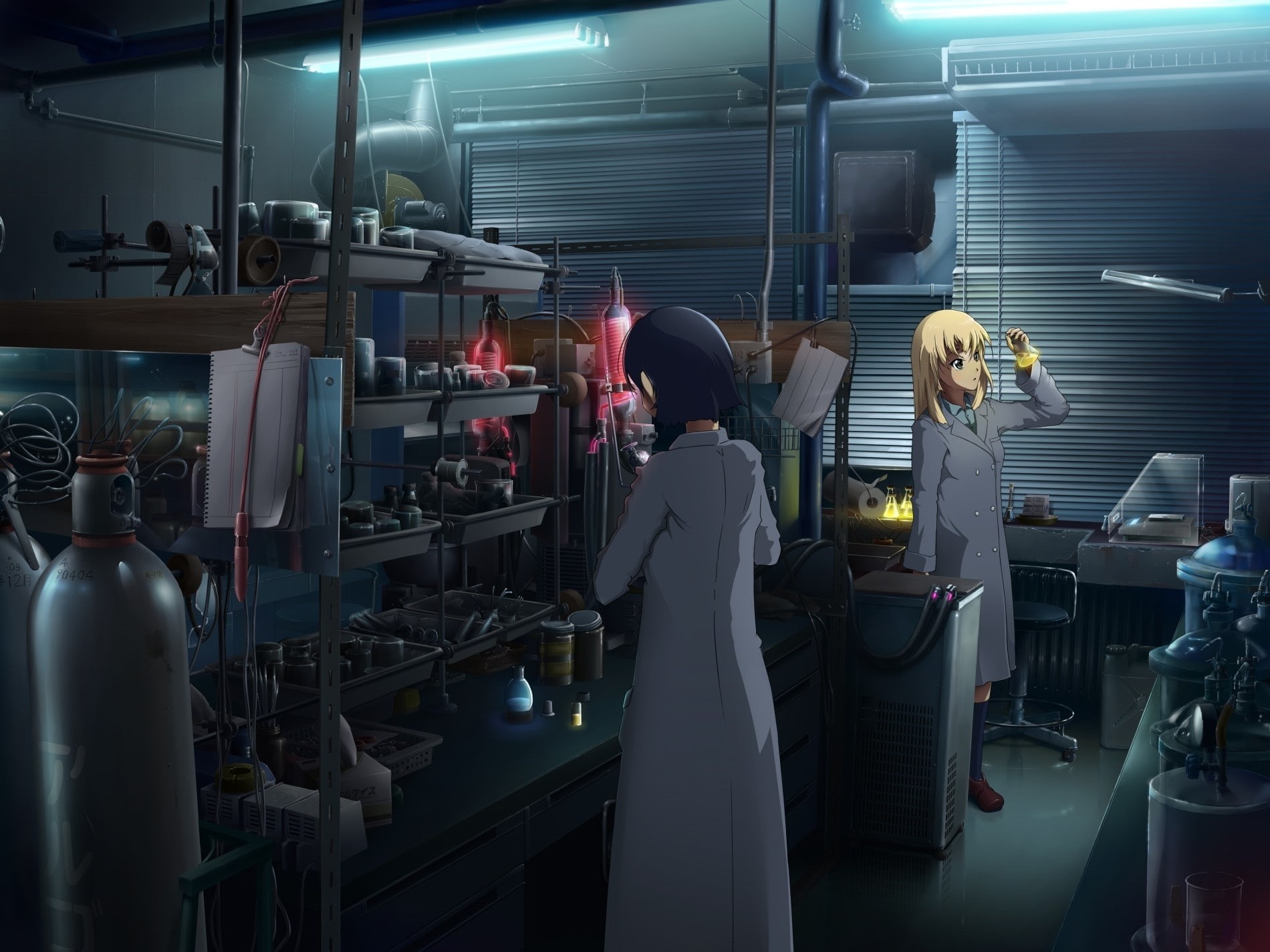girls, scenic, indoors, hot, art, ani, hair, coat, chemist, 720P, gray, eyes, dark, chemistry, long, two, blondes, room, anime, hd, short, HD Wallpaper