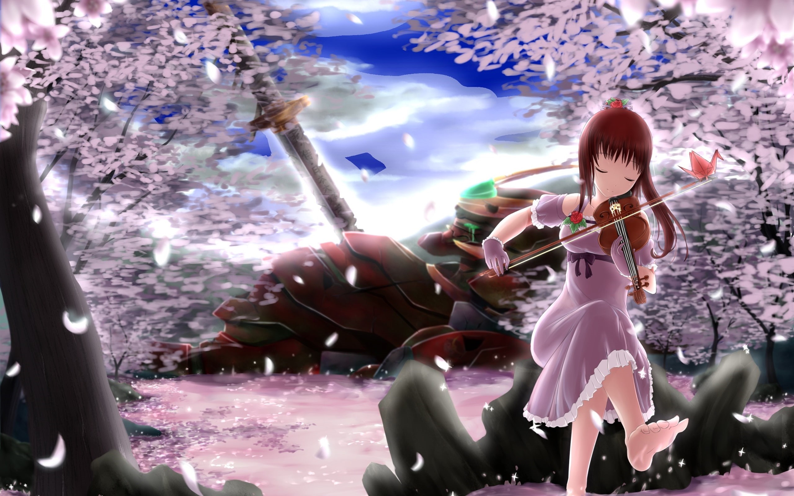 Petals, dress, playing, Anime, Play, Hair, Violin, wearing, Girl, pink, 2K, Sakura, Trees, character, Red, HD Wallpaper