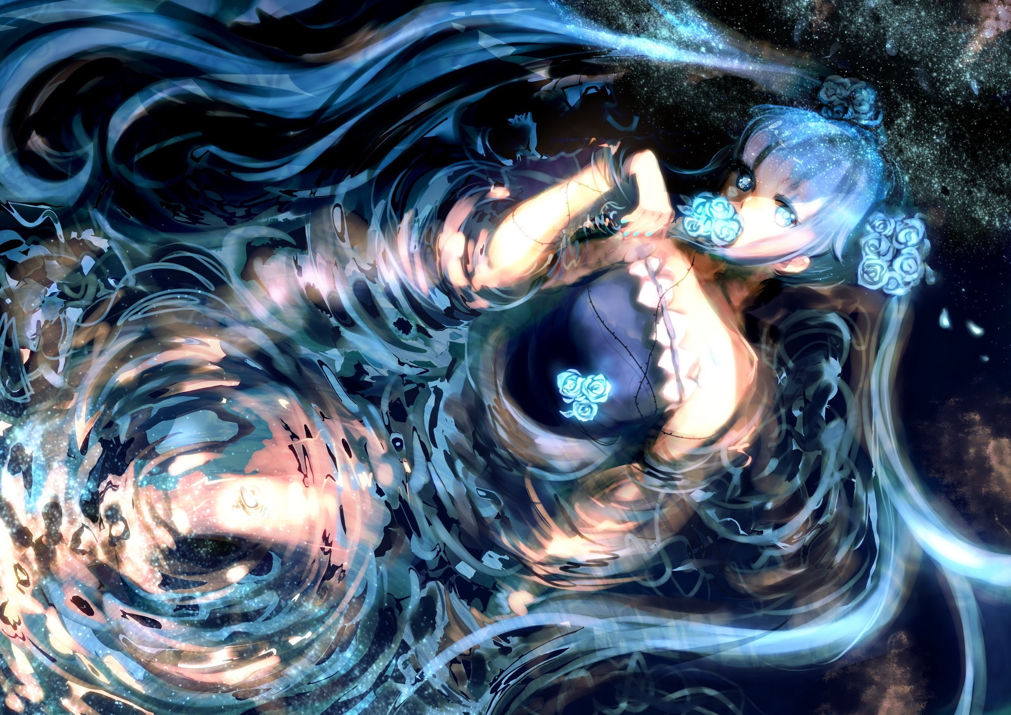 dress, flowers, eyes, twintails, art, hd, miku, hatsune, vocaloid, dark, blue, hair, long, 2K, ro, water, nature, HD Wallpaper
