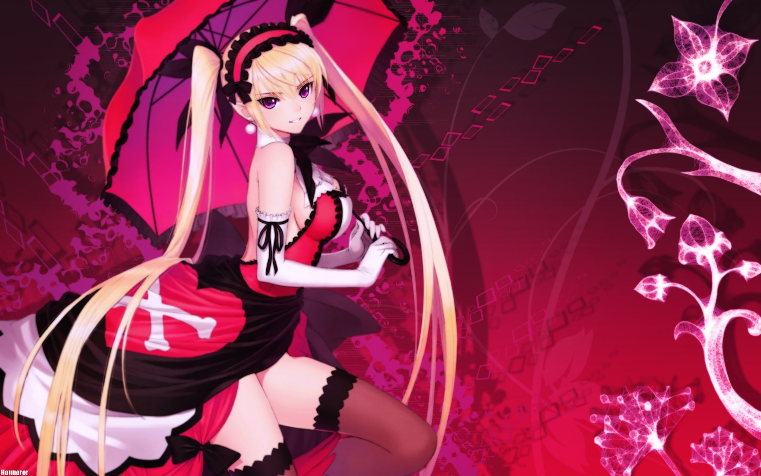 tony, bows, art, blondes, red, hair, gloves, highs, hd, 2K, long, taka, people, ear, smiling, twintails, Abstract, dress, thigh, ribbons, HD Wallpaper