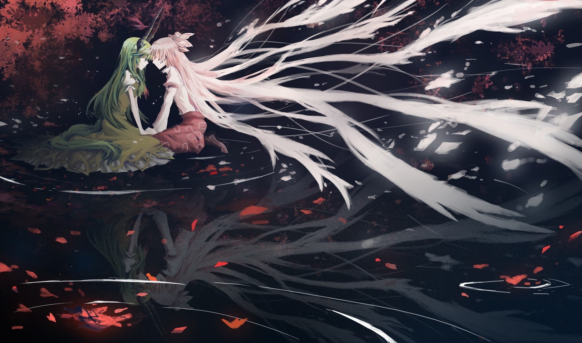 art, long, floating, hair, cleavage, eyes, video, dress, games, red, water, 1080P, miko, hakurei, touhou, reimu, flowers, dark, anime, hot, Video Games, HD Wallpaper