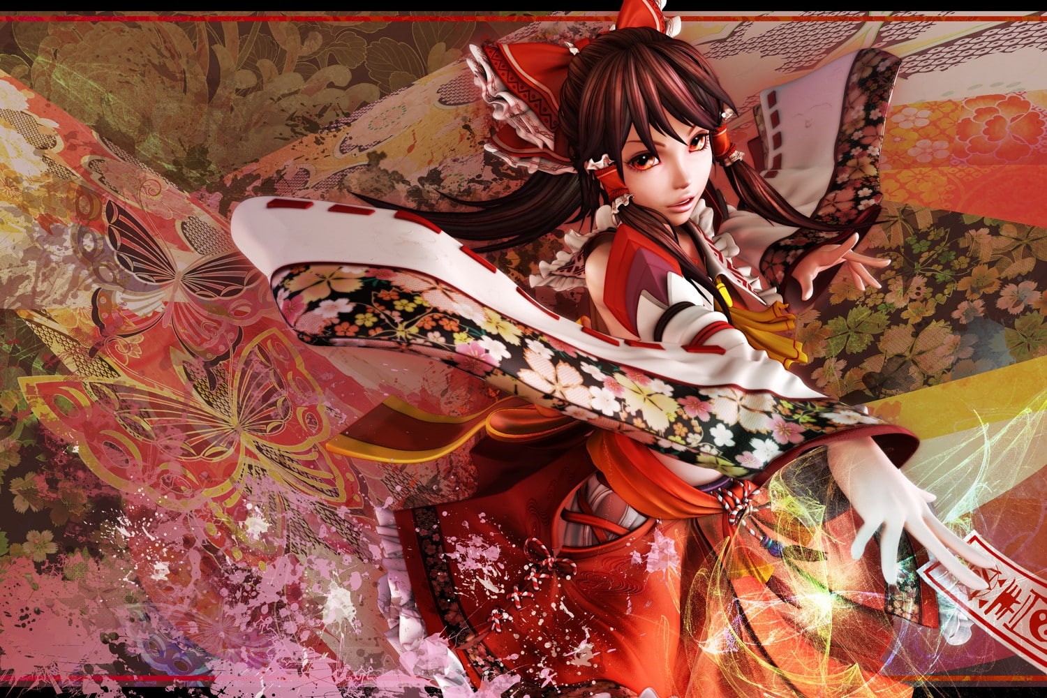 Touhou, hair, art, Flowers, red, animals, outfit, bow, ponytails, hd, shrine, eyes, hakurei, 720P, miko, maiden, reimu, butterflies, long, HD Wallpaper