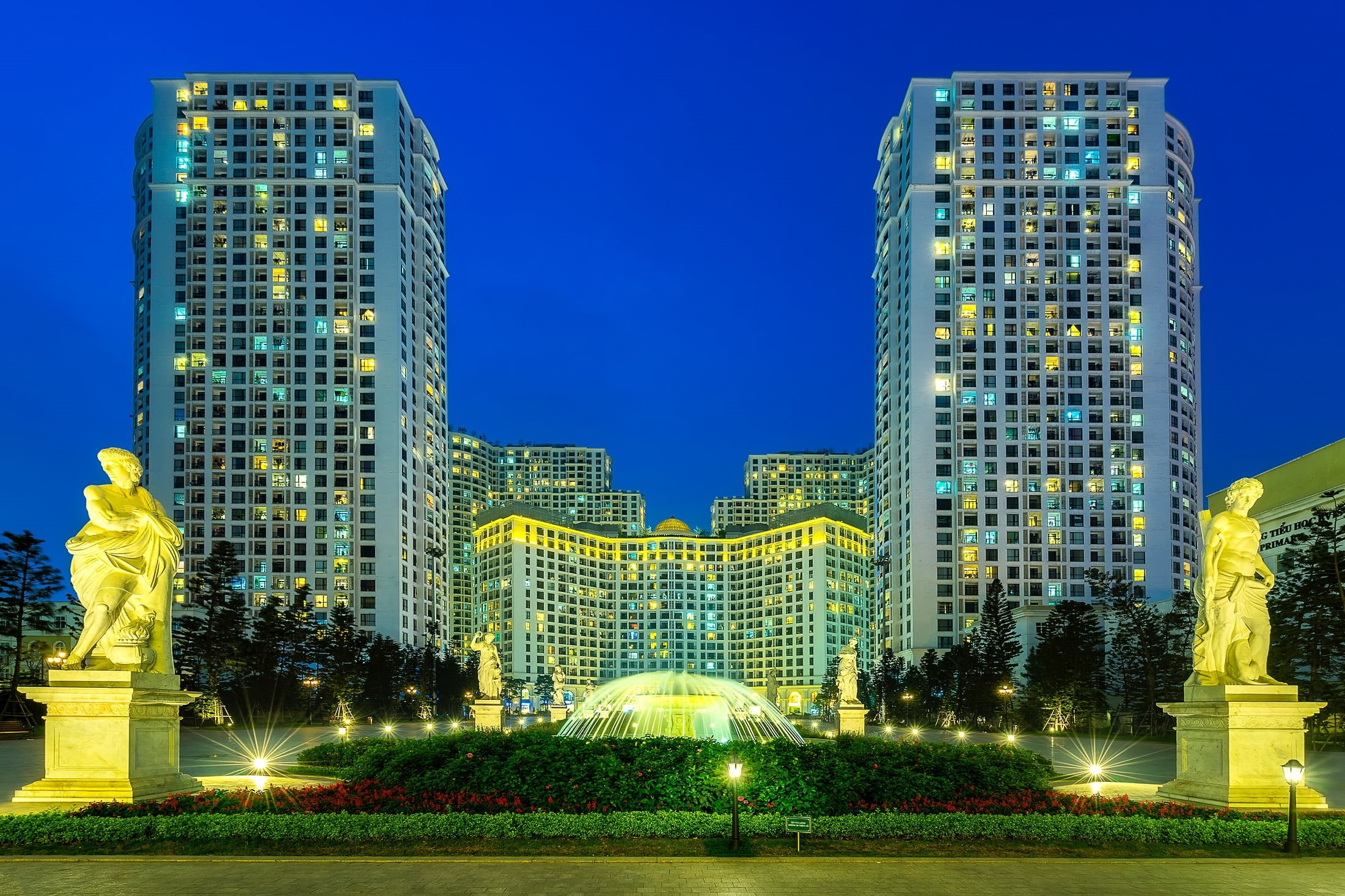 building exterior, blue, vietnam, 1080P, water, statues, office, fountain, skyline, plant, buildings, green, travel destinations, office building exterior, HD Wallpaper
