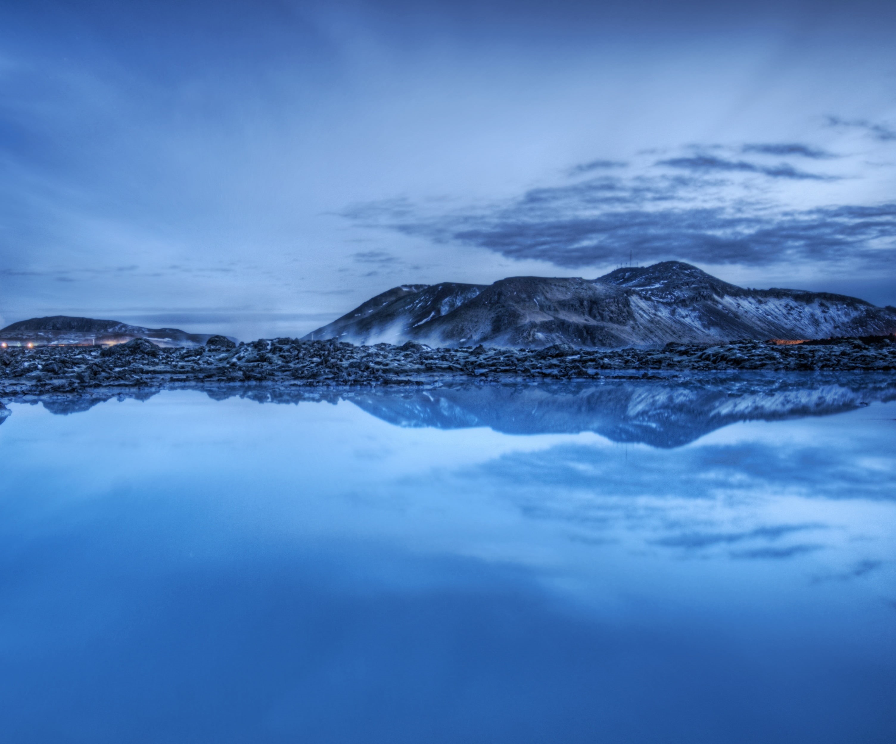 Milky, landscape, dusk, landscape photography, body of water, island, hdr, blue, scenics, night, photography, d2x, sea, 2K, Blue Lagoon, Iceland, mountain, HD Wallpaper