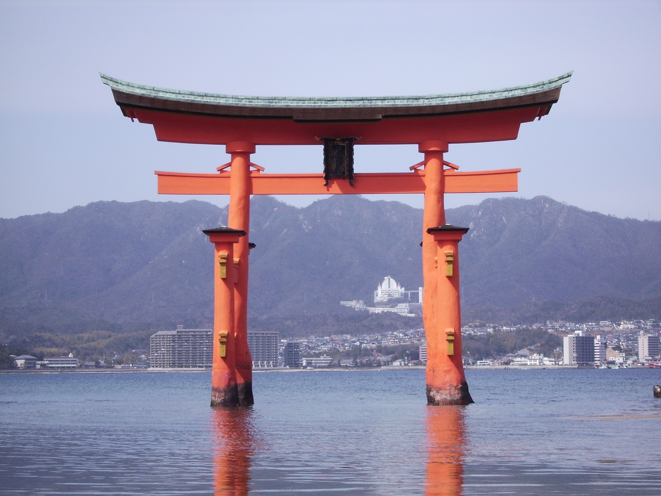 no people, travel destinations, landscape, torii, architecture, mountain, mountain range, travel, nature, island, miyajima, building exterior, red, sky, HD Wallpaper
