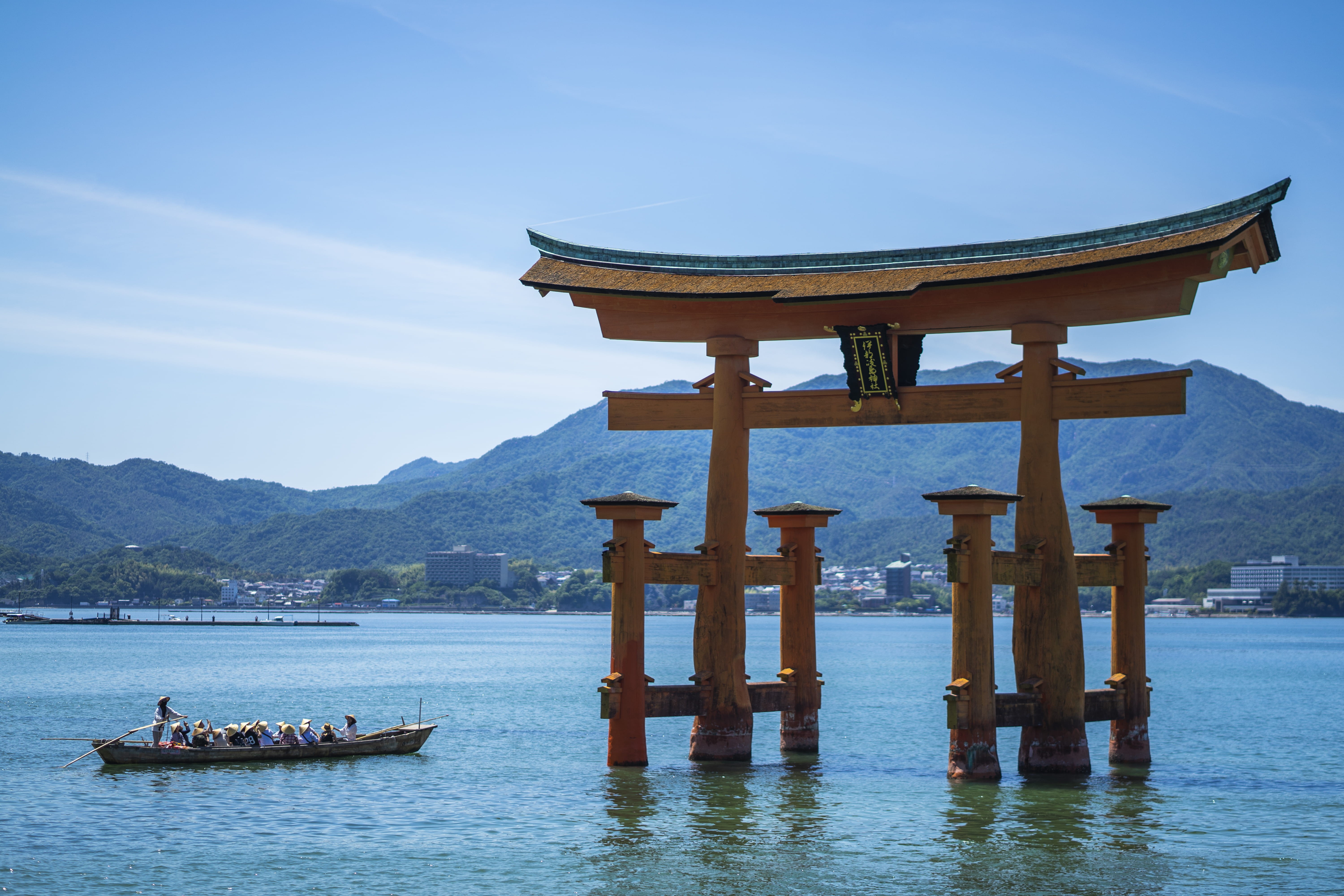 travel, non-urban scene, japan, waterfront, person, group, sky, column, travel destinations, beauty in nature, belief, rural, water, tranquility, shelter, HD Wallpaper