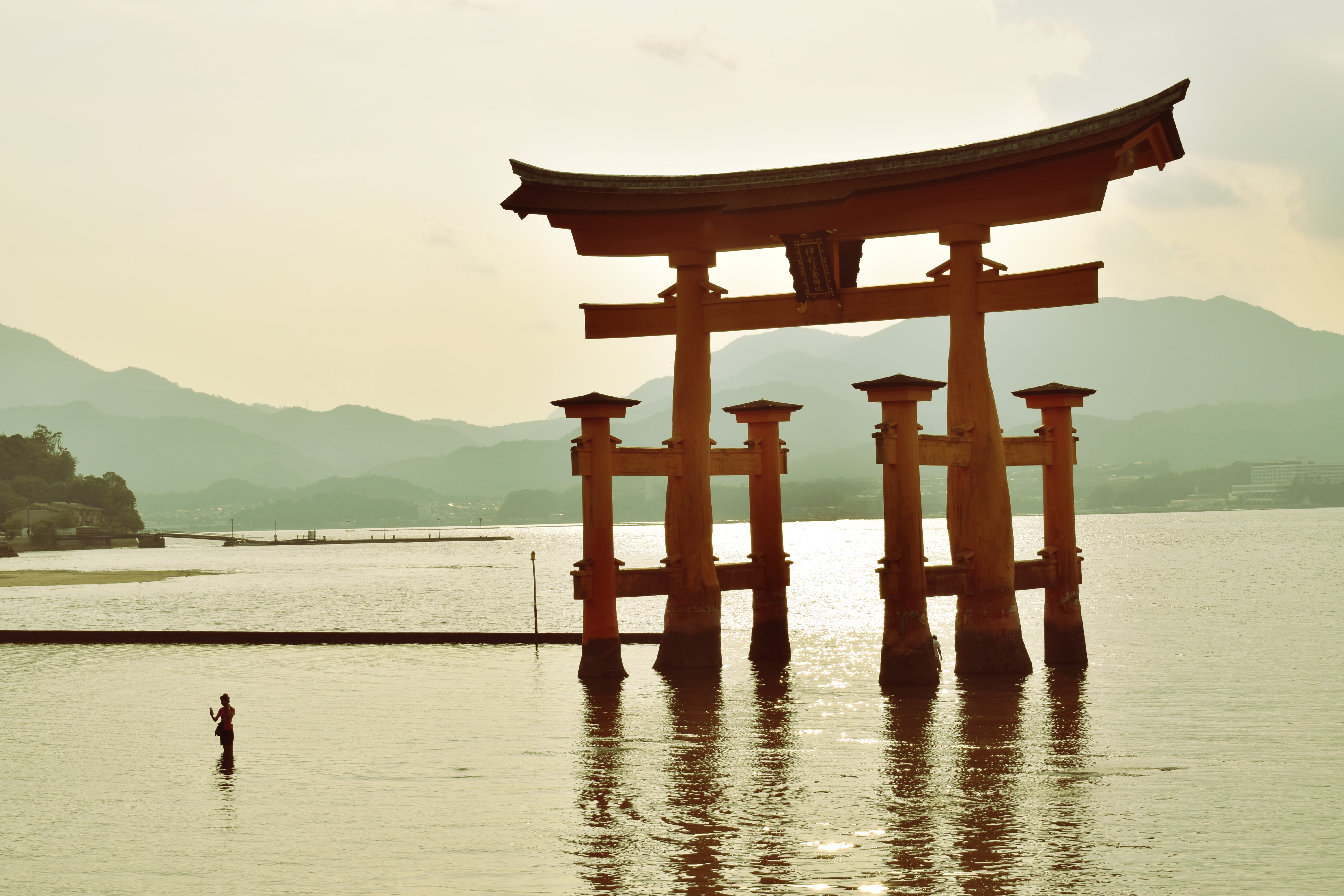 mountain, the past, sky, lake, shrine, 5K, travel destinations, miyajima, place of worship, architecture, tourism, japan, water, real people, built structure, HD Wallpaper