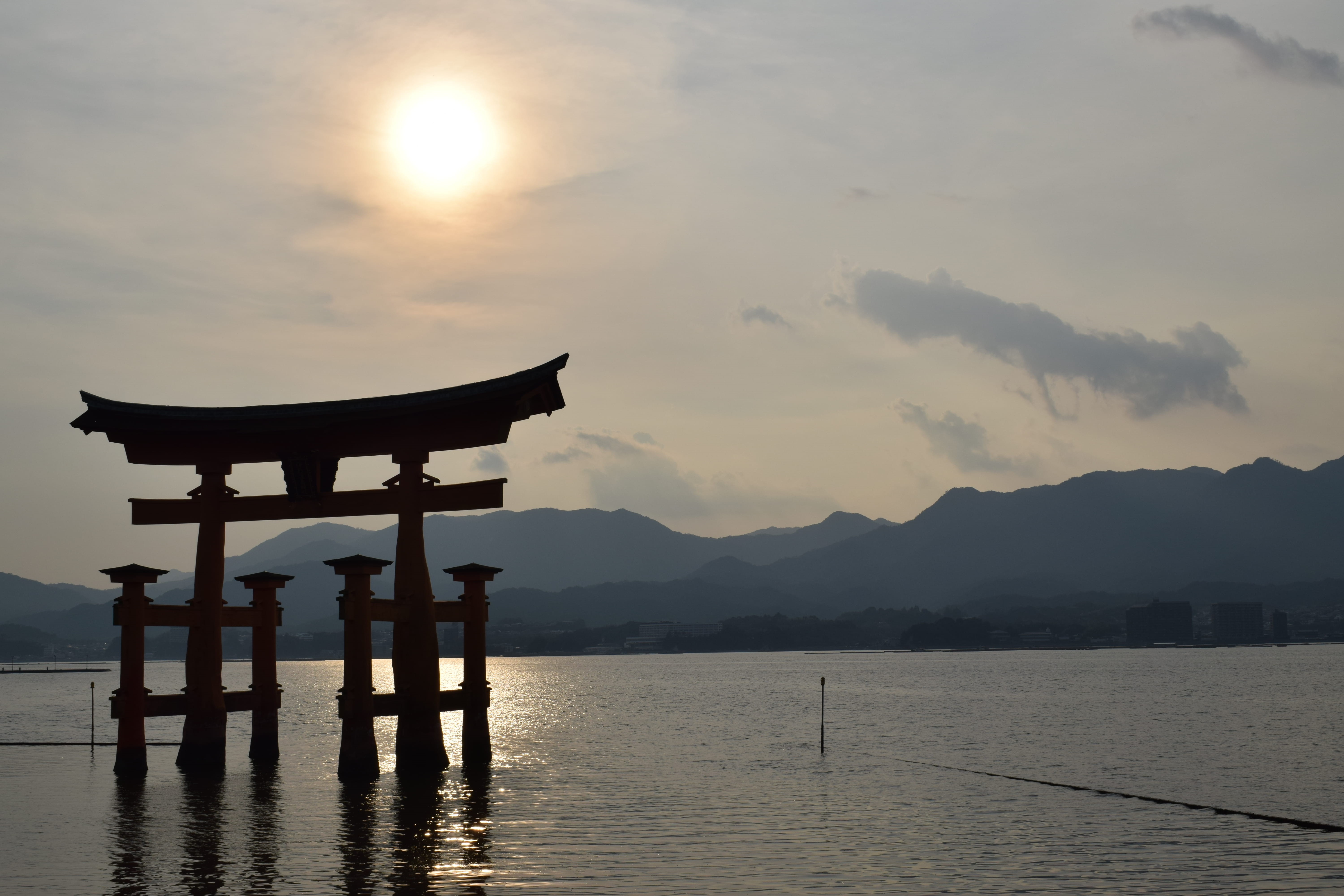 tranquility, 5K, sky, beauty in nature, nature, scenics - nature, torii gate, shrine, japan, tranquil scene, sunset, belief, cloud - sky, outdoors, mountain range, HD Wallpaper
