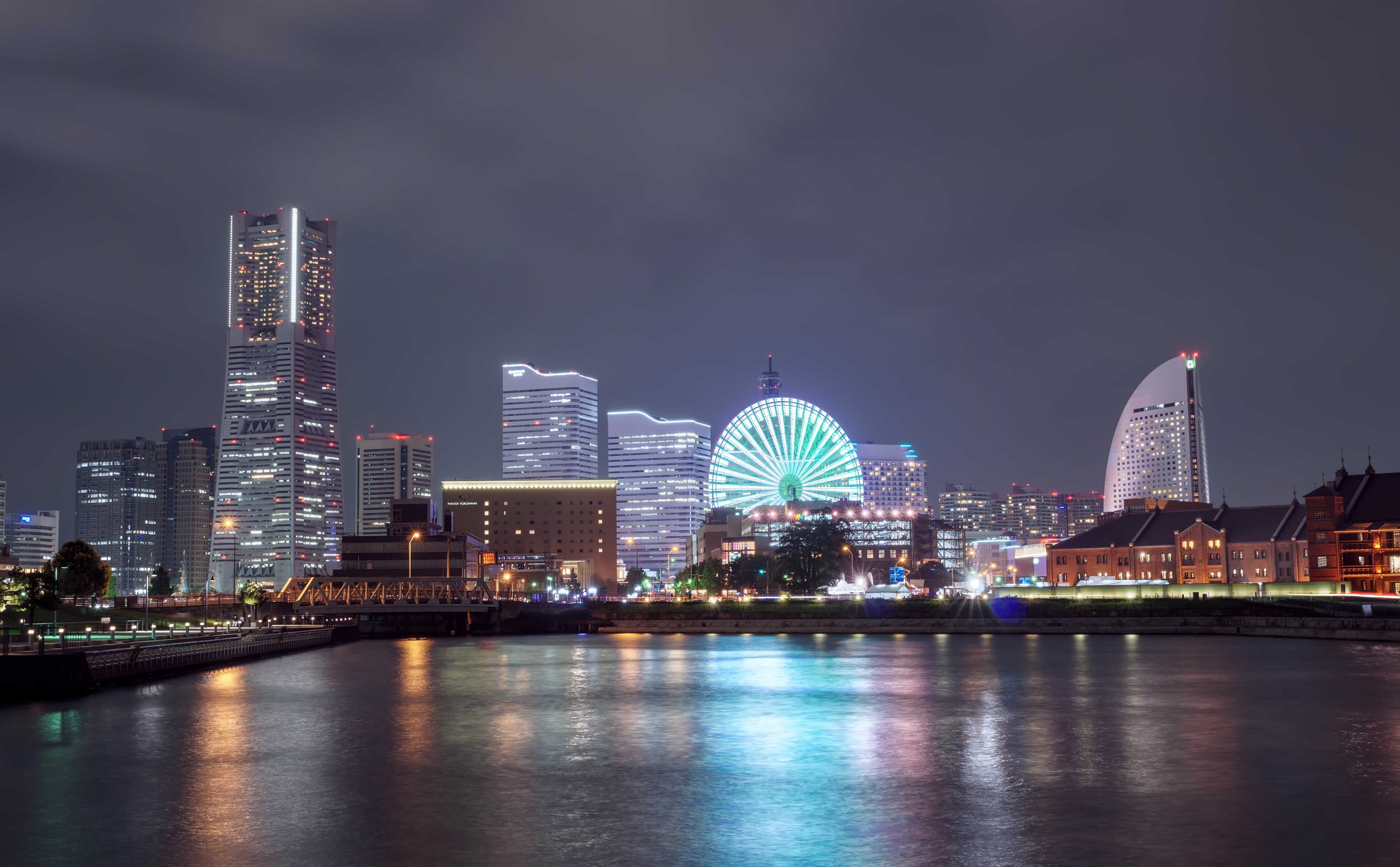 nature, Night, yokohamashi, ferriswheel, yokohama, kaigandori1chome, Wheel, building, office building exterior, urban skyline, Asia, kanagawaprefecture, HD Wallpaper