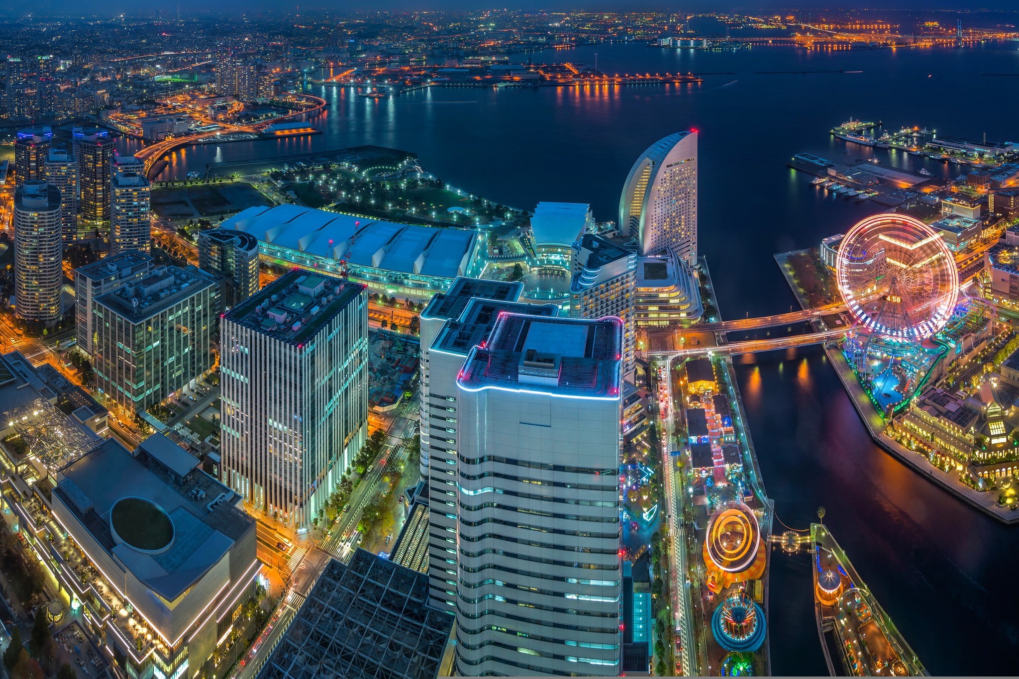 Minato Mirai 21, mirai, skyscrapers, Yokohama, Japan, panorama, bay, Tokyo Bay night city, 1080P, buildings, minato, HD Wallpaper